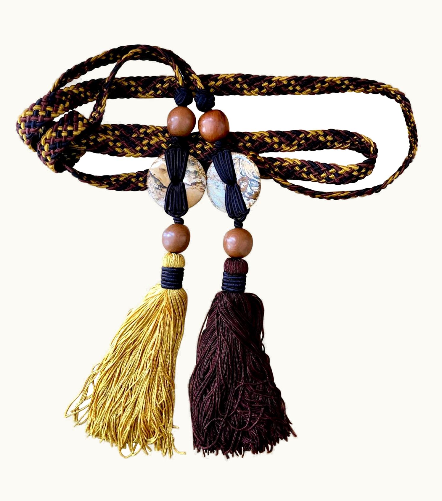 Saint Laurent 1990s Yves Saint Laurent Brown Yellow Braided Tassel Belt WS/S Wood & Agate Beads