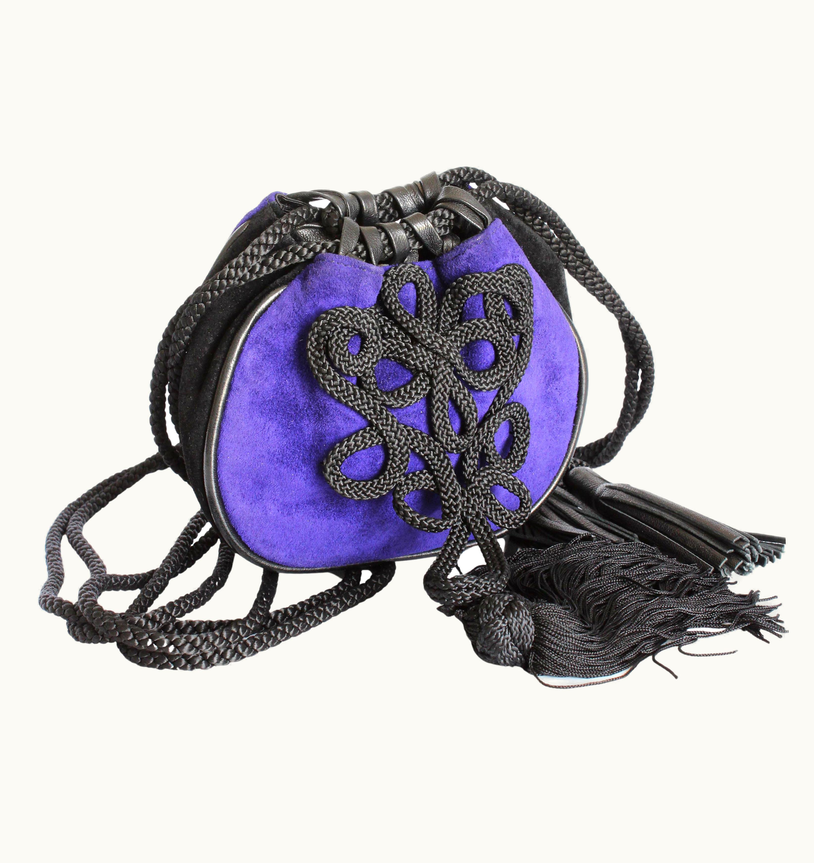 Saint Laurent Yves Saint Laurent Evening Bag Tassels Purple Black Suede Leather Belt Pouch 90s