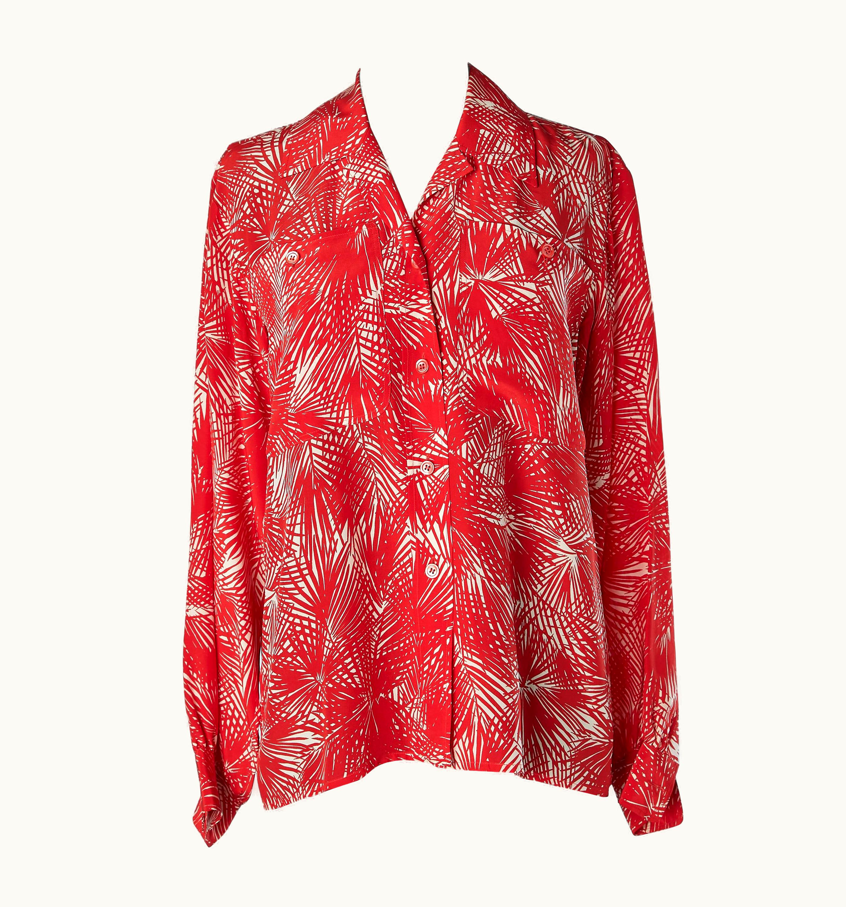 Saint Laurent Red And White Silk Shirt With Leaves Print Saint Laurent Rive Gauche