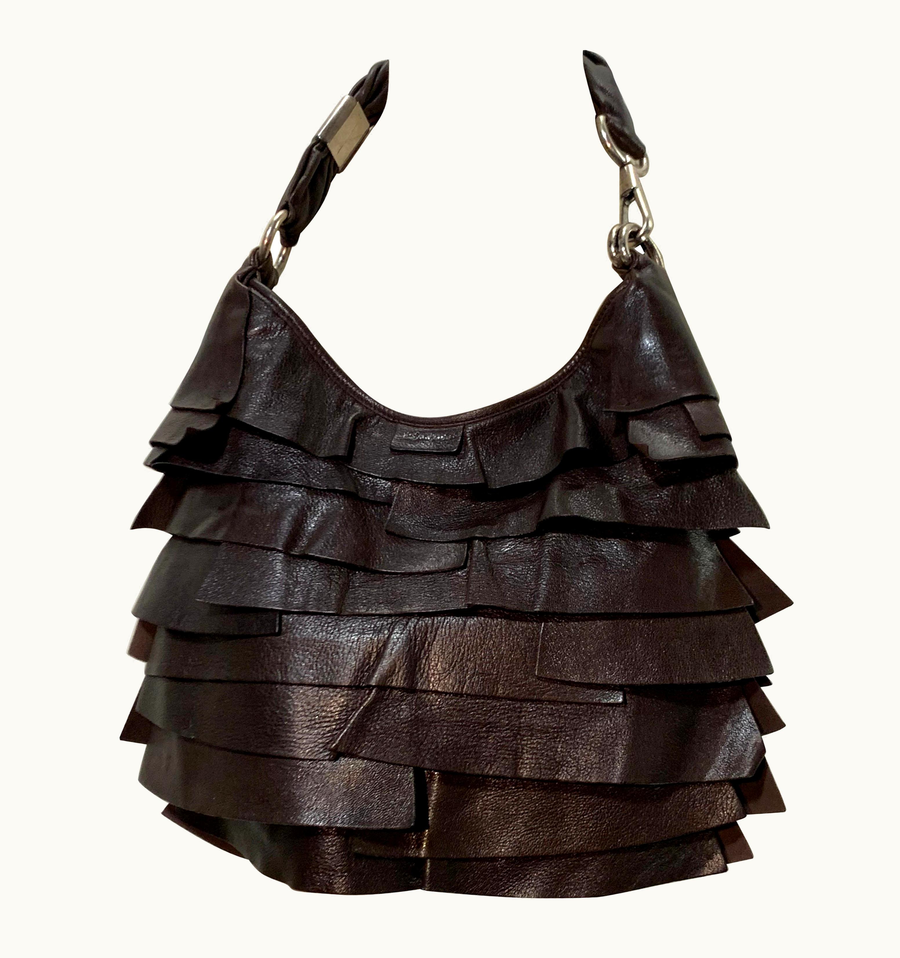 Saint Laurent 1990s Yves Saint Laurent S/S Tom Ford Chocolate Brown Leather Ruffled Satchel Bag