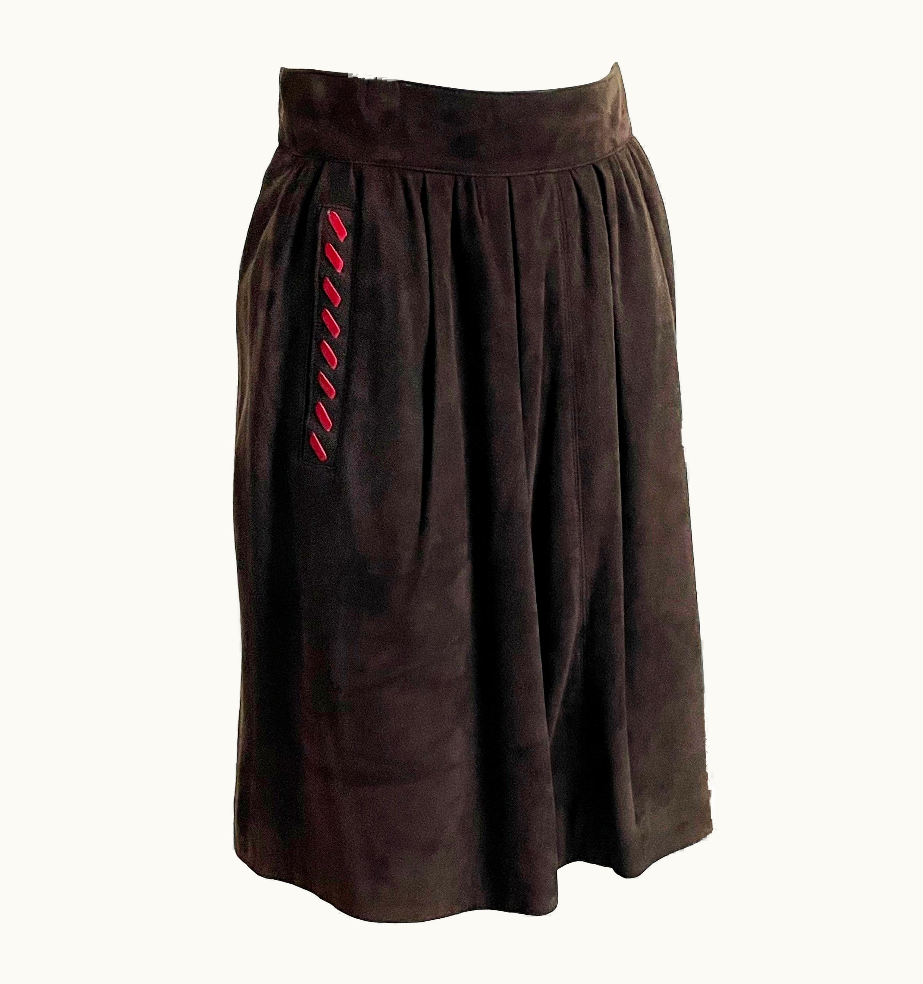 Saint Laurent Yves Saint Laurent Skirt Brown Suede Leather Red Contrast Whipstitch Vintage 90s