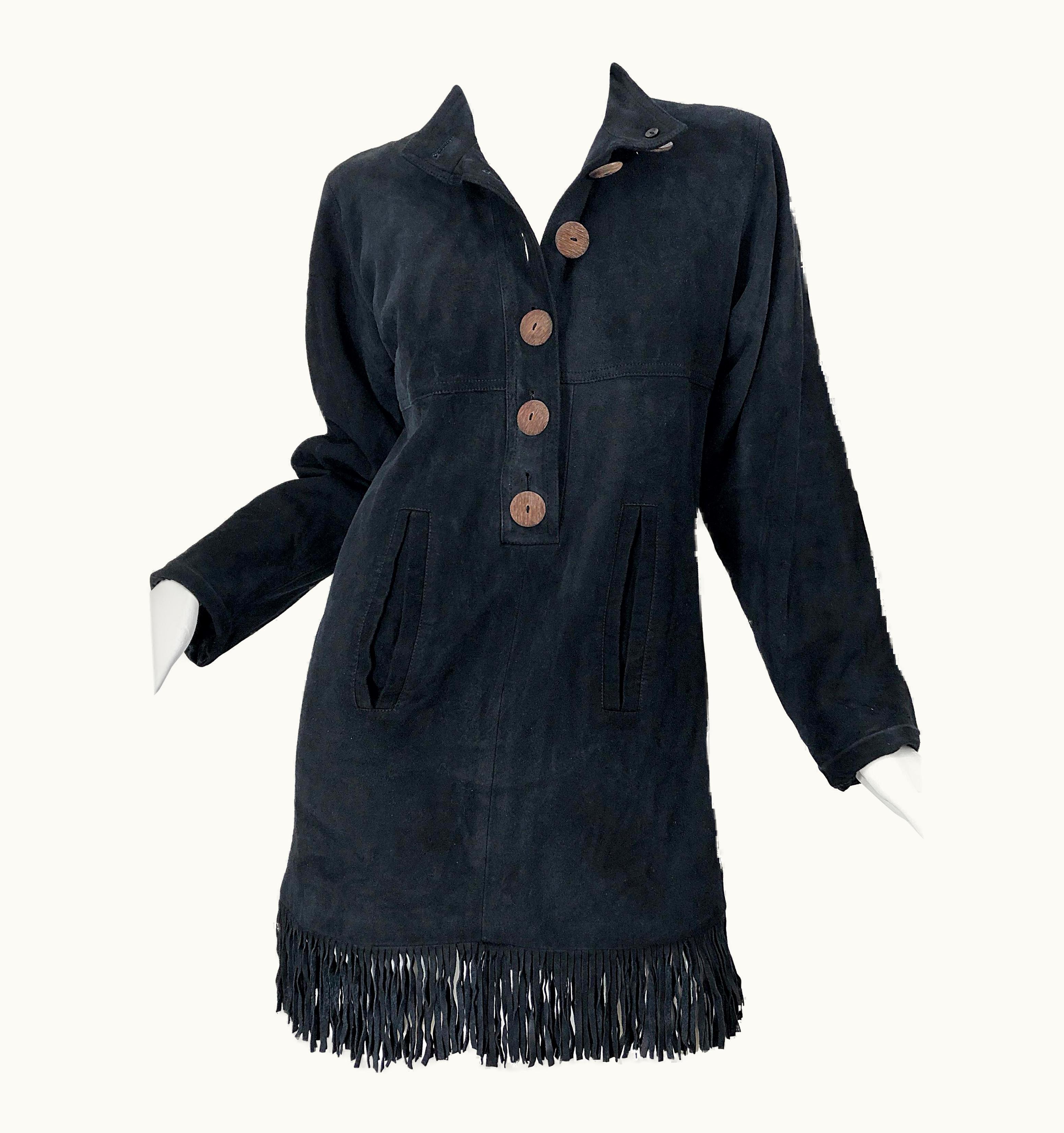 Saint Laurent Vintage 90s Yves Saint Laurent YSL Black Suede Leather Fringe Nehru Tunic Dress