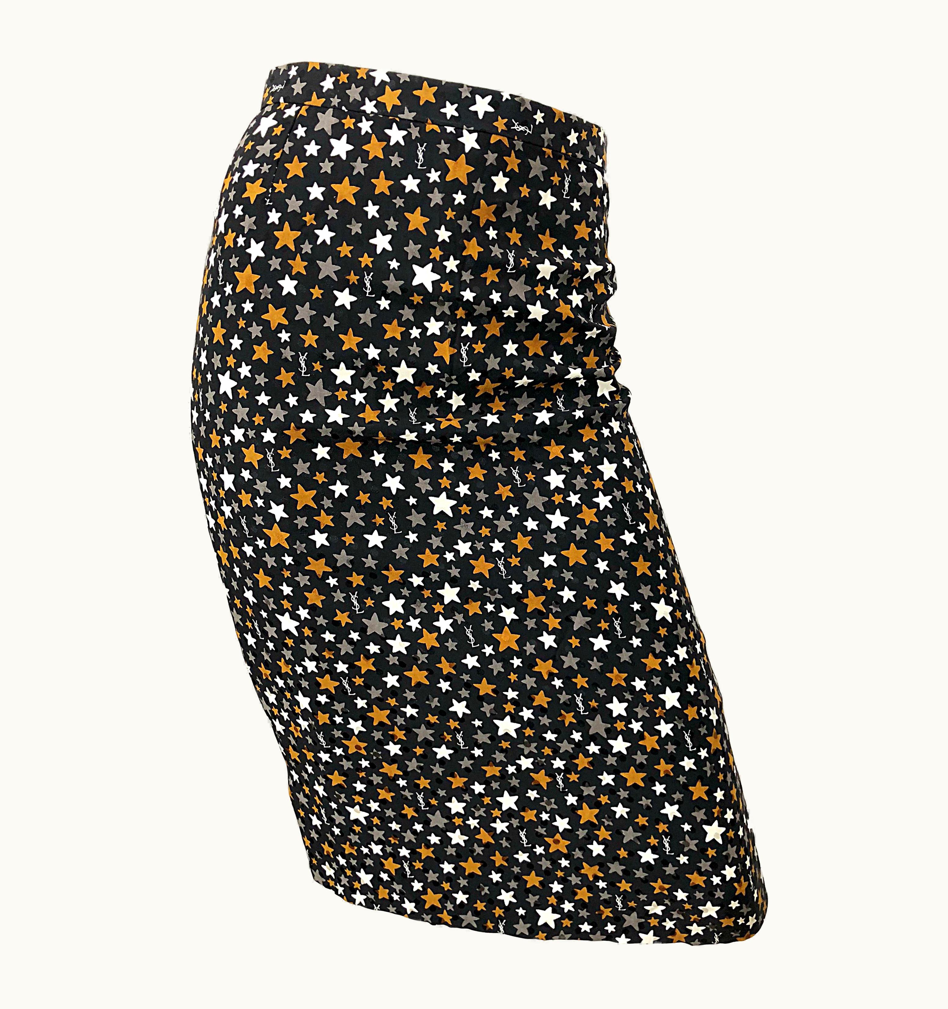 Saint Laurent Vintage Yves Saint Laurent YSL 90s Logo + Stars Silk High Waist Pencil Skirt