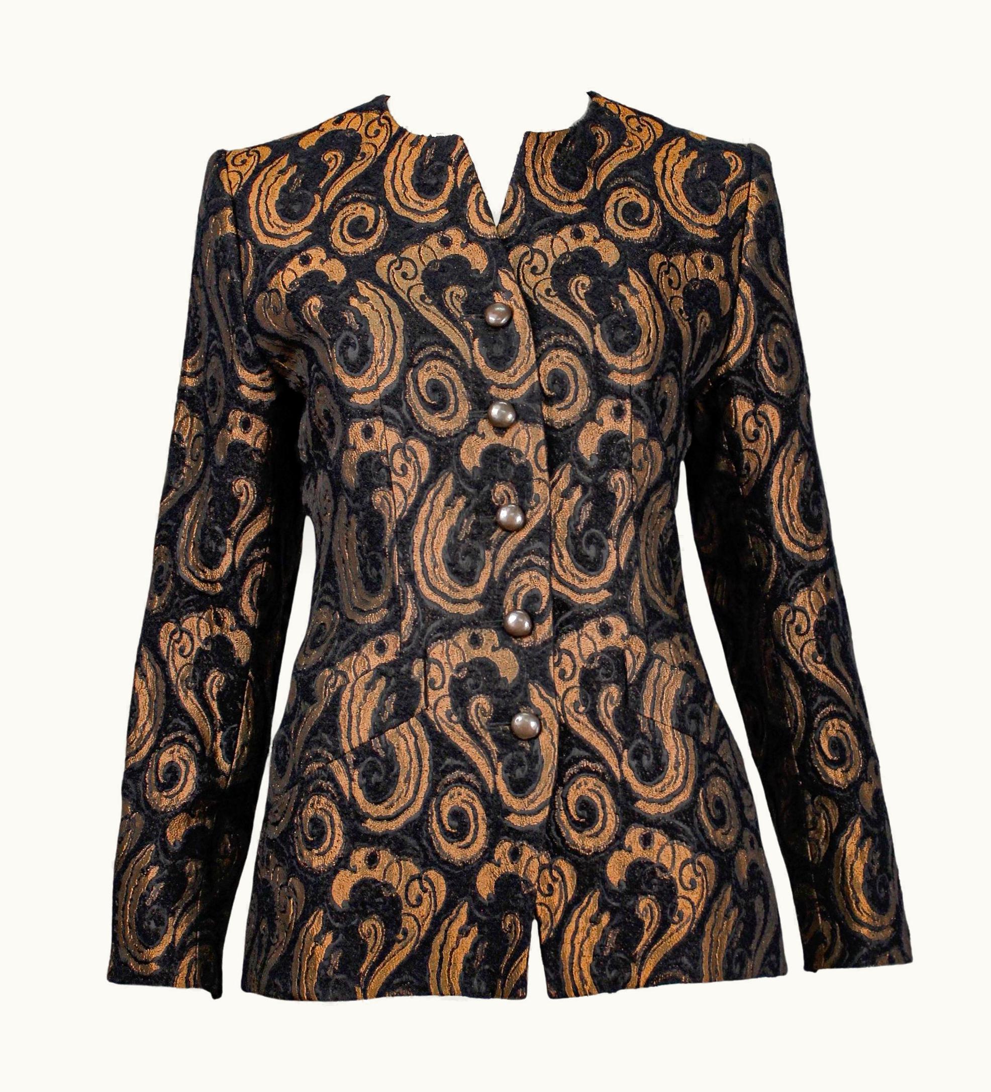 Saint Laurent Vintage 1990s YSL Rive Gauche Structured Blazer In Gold Metallic Jacquard