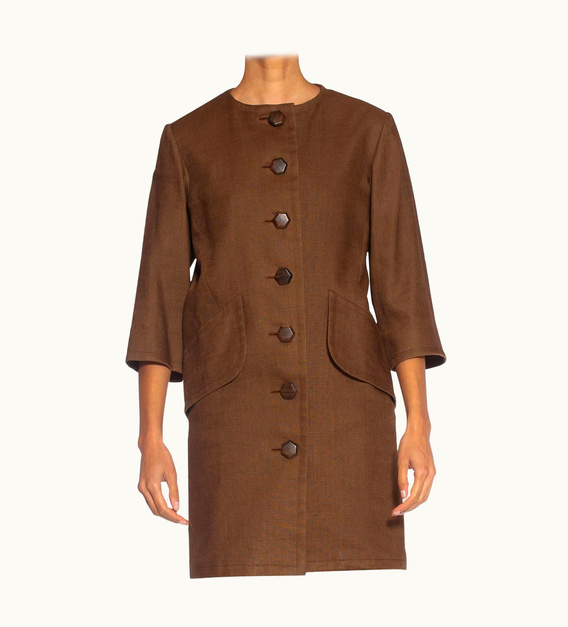 Saint Laurent 1990s Yves Saint Laurent Brown Haute Couture Linen 3/4 Length Jacket With Wood