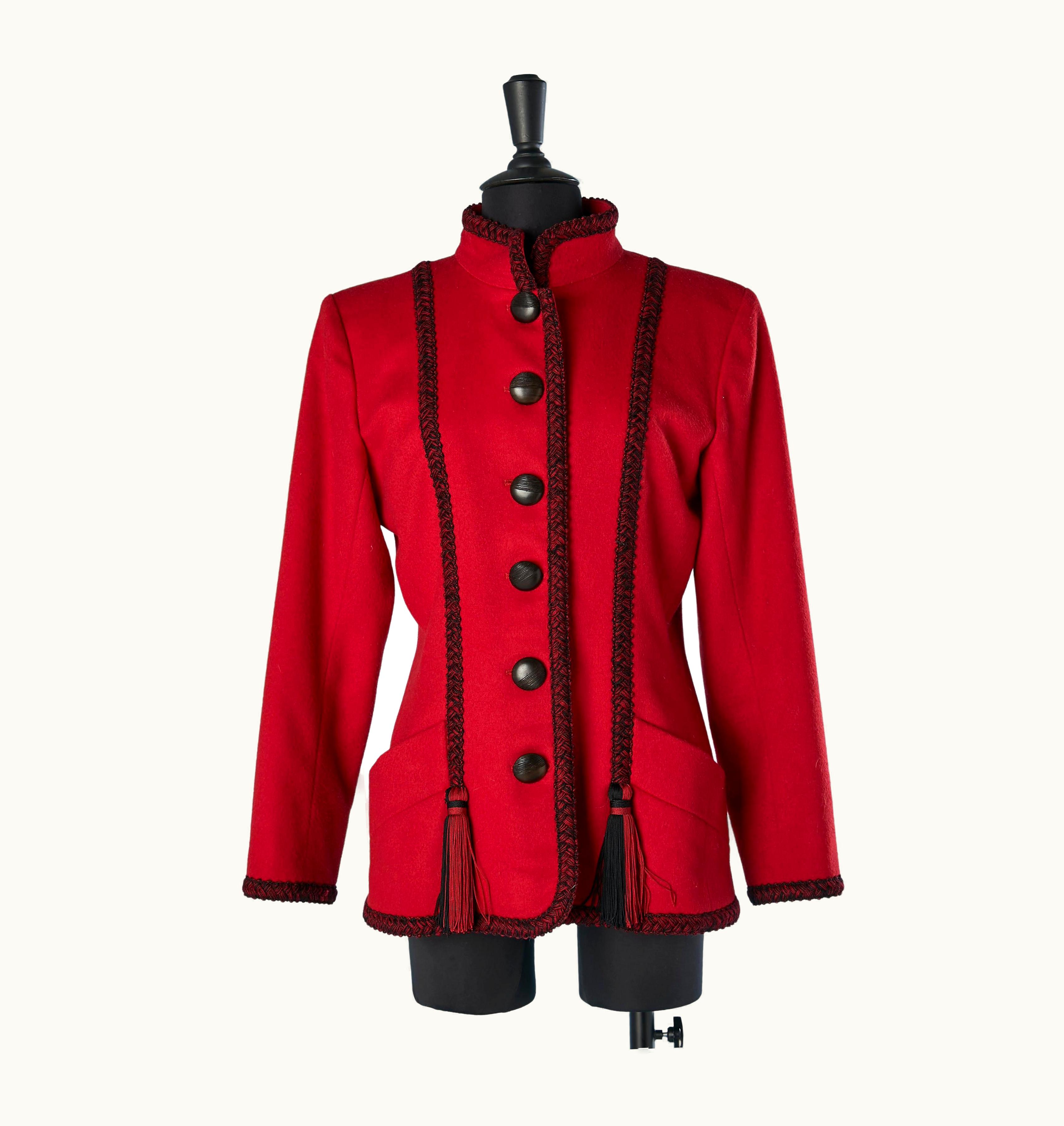 Saint Laurent Red Wool Jacket With Passementerie And Pompoms Embellishments YSL Rive Gauche