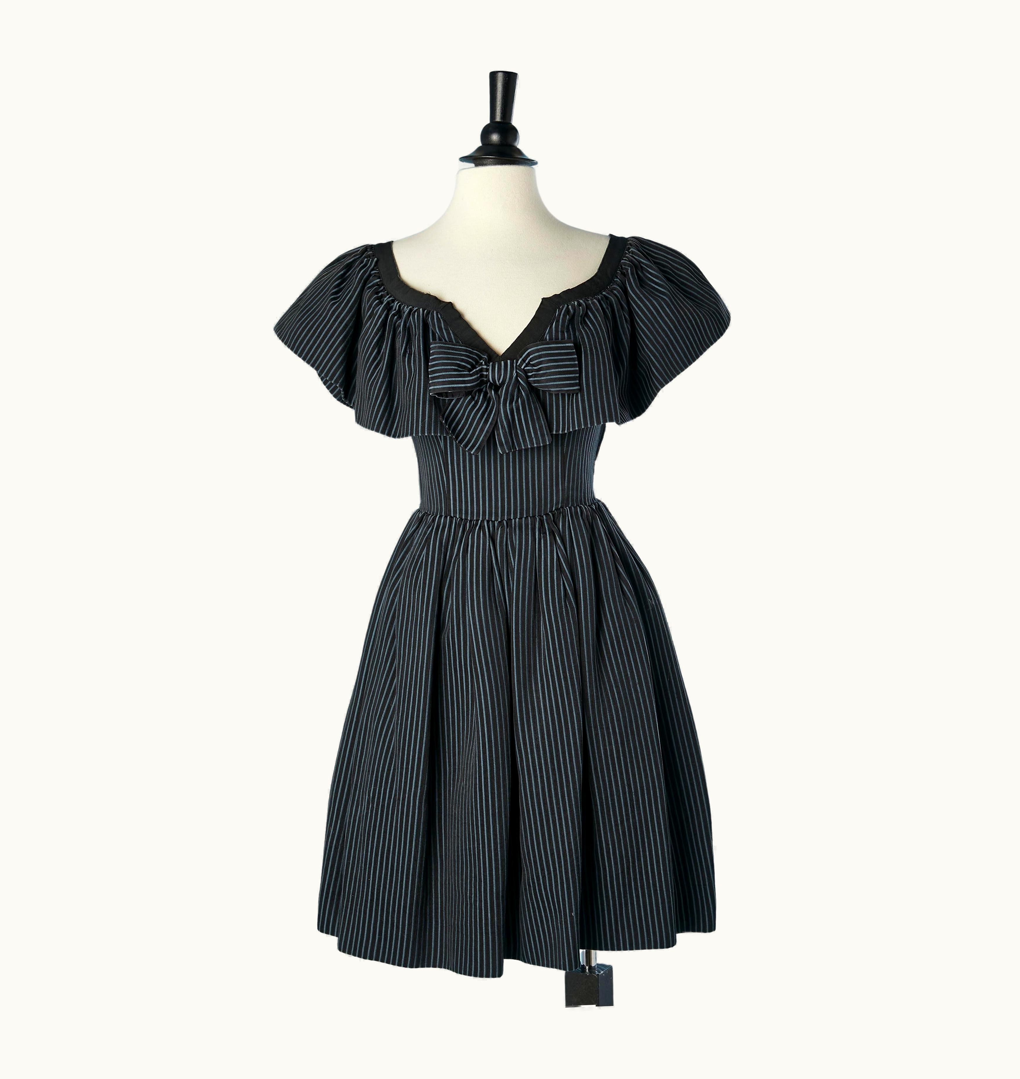 Saint Laurent Black Cotton Dress With Blue Stripes, Ruffles And Bow YSL Rive Gauche