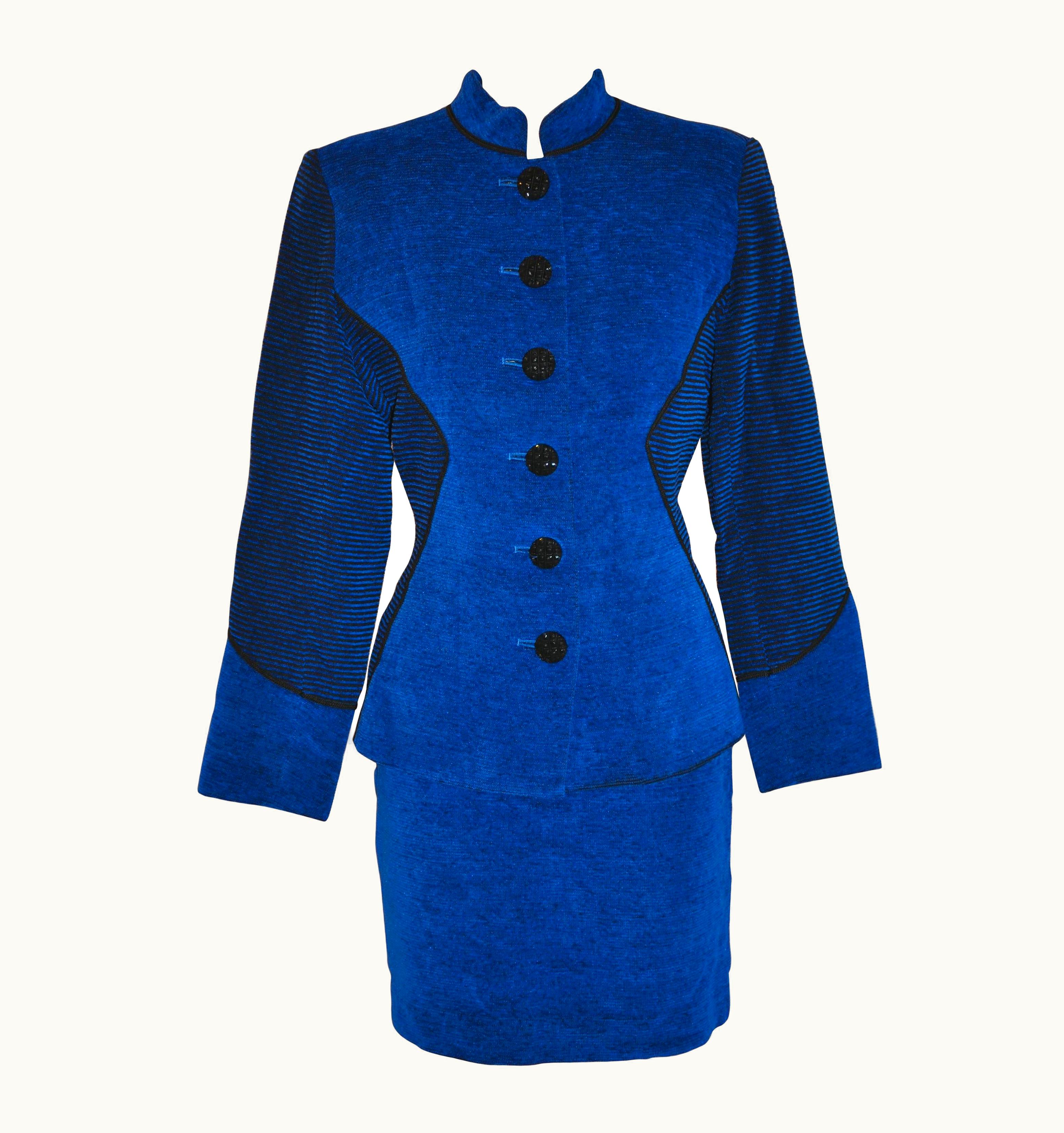 Saint Laurent Yves Saint Laurent Lapis Blue & Black Mandarin Collar Skirt & Jacket Ensemble