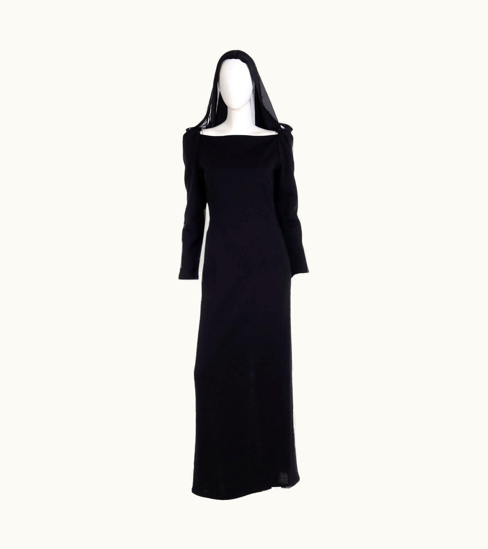 Saint Laurent Yves Saint Laurent 1990 Black Deadstock Runway Evening Dress W Attached Hood