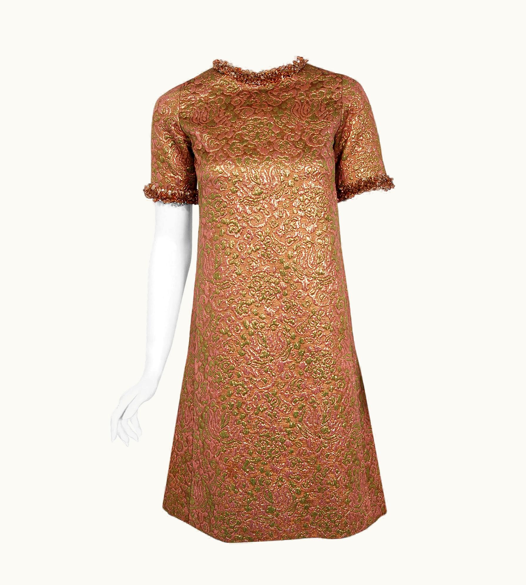 Saint Laurent Vintage 1966 Yves Saint Laurent Beaded Metallic Pink Gold Brocade Cocktail Dress