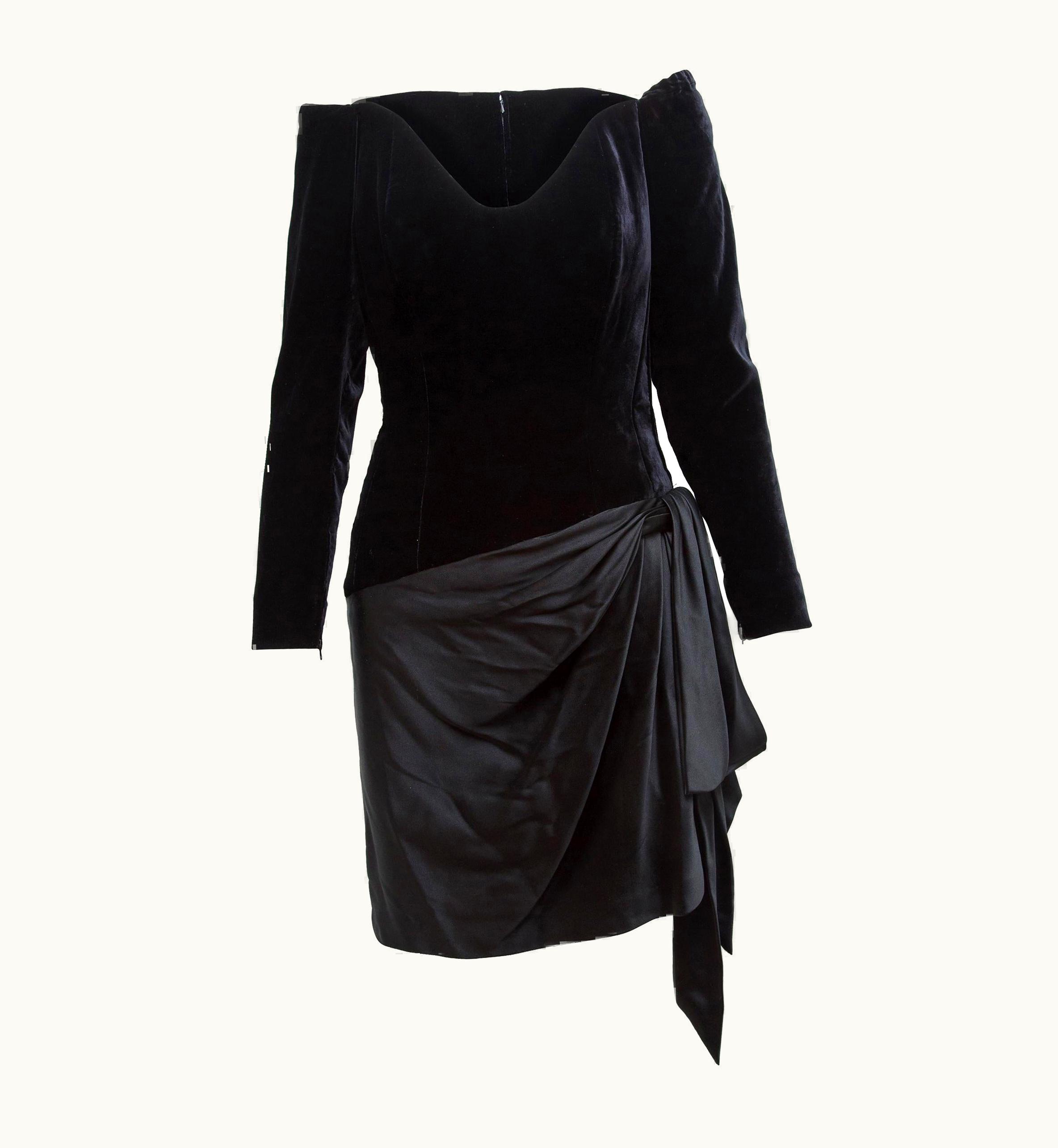 Saint Laurent Yves Saint Laurent Black Couture 1991 Runway Silk And Velour Skirt Set