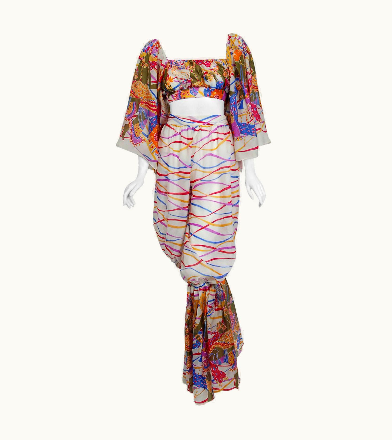 Saint Laurent 1991 Yves Saint Laurent Leon Bakst Novelty Print Silk Bell Sleeve Ensemble Set