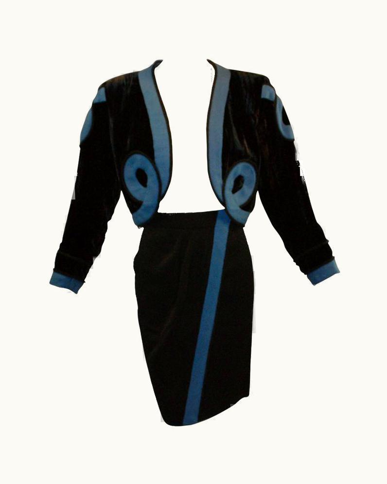 Saint Laurent S/S 1991 Yves Saint Laurent Woven Rope Trim Toreador Crop Jacket Skirt Suit