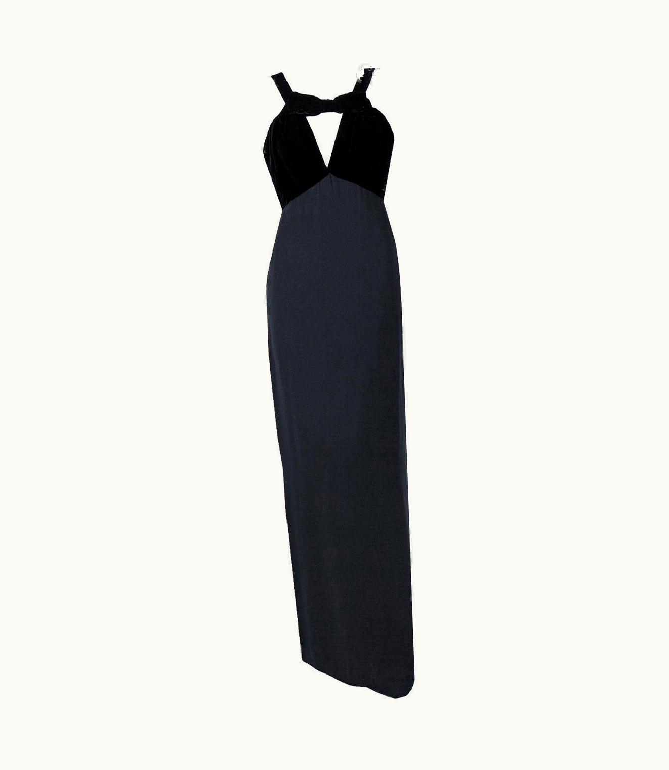 Saint Laurent 1992 Yves Saint Laurent Documented Black Silk & Velvet Cut-Out Plunge Gown