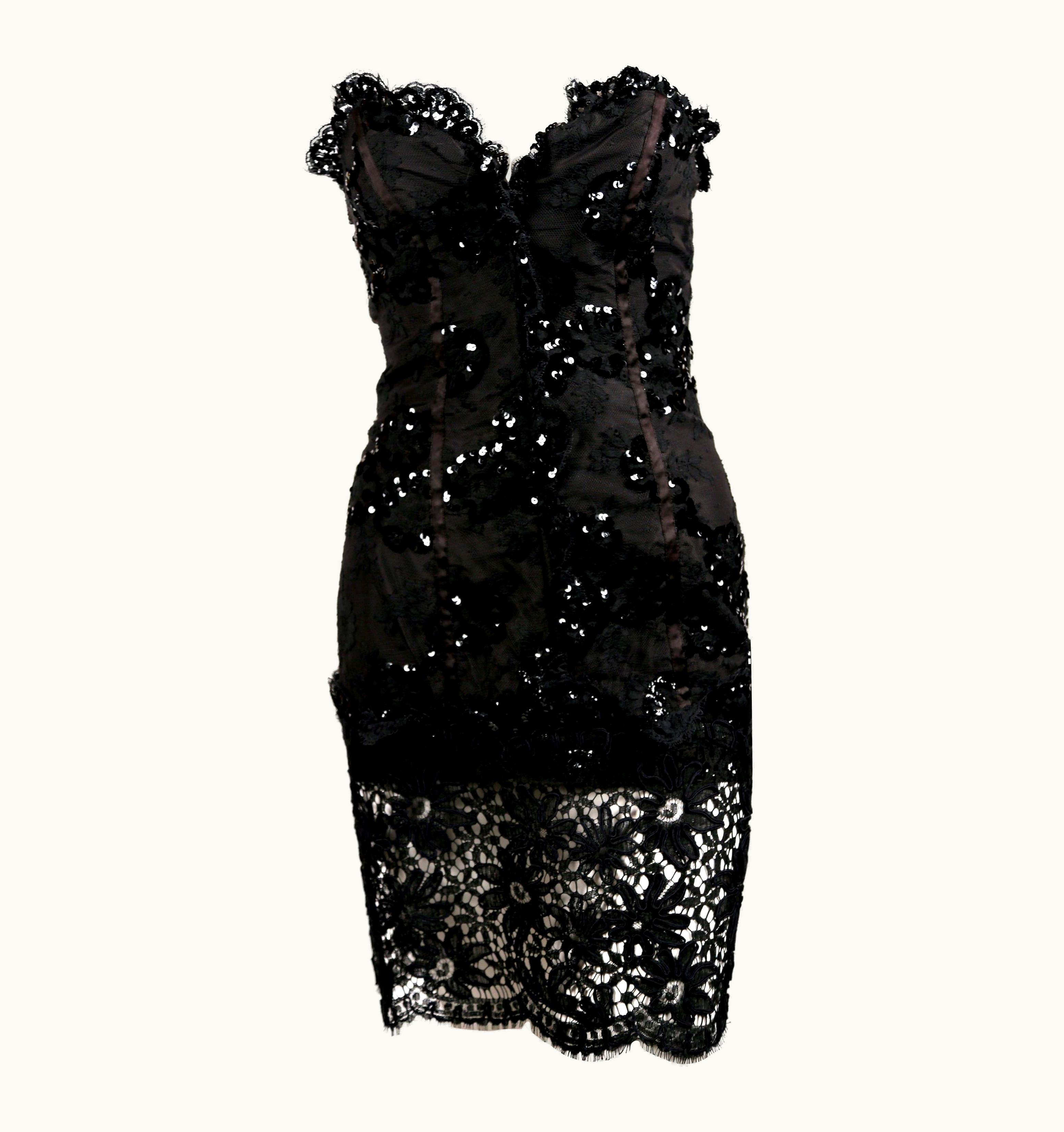 Saint Laurent 1992 Yves Saint Laurent Lace Mini Strapless Dress With Sequins And Sheer Hemline
