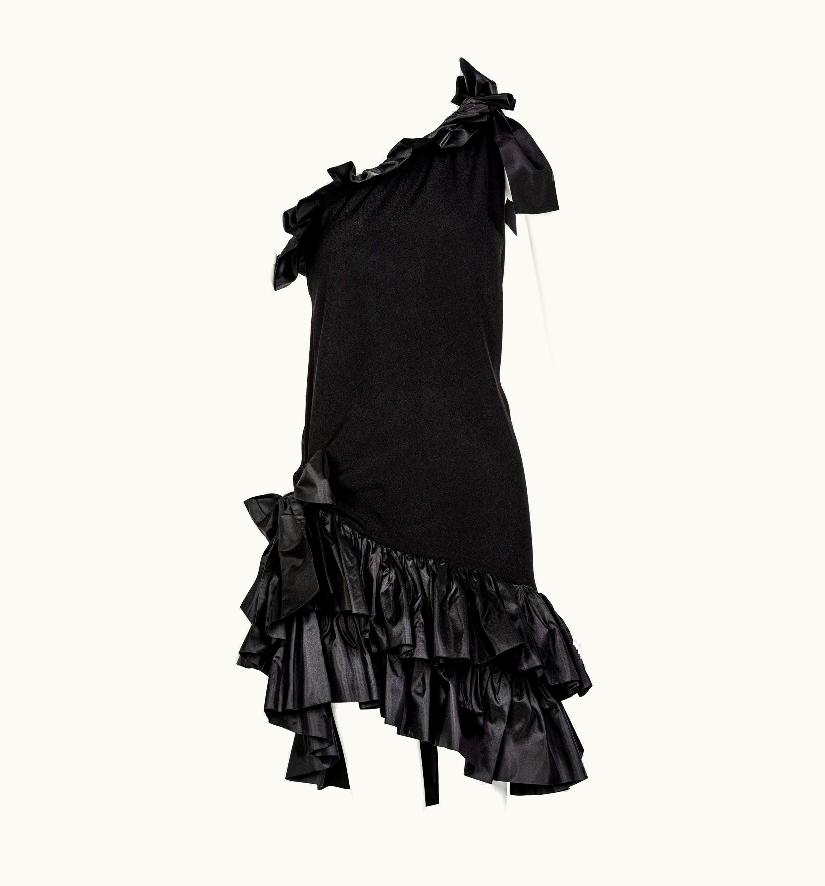 Saint Laurent Yves Saint Laurent Black Taffeta Ruffle One Shoulder Bow Dress YSL, 1990s