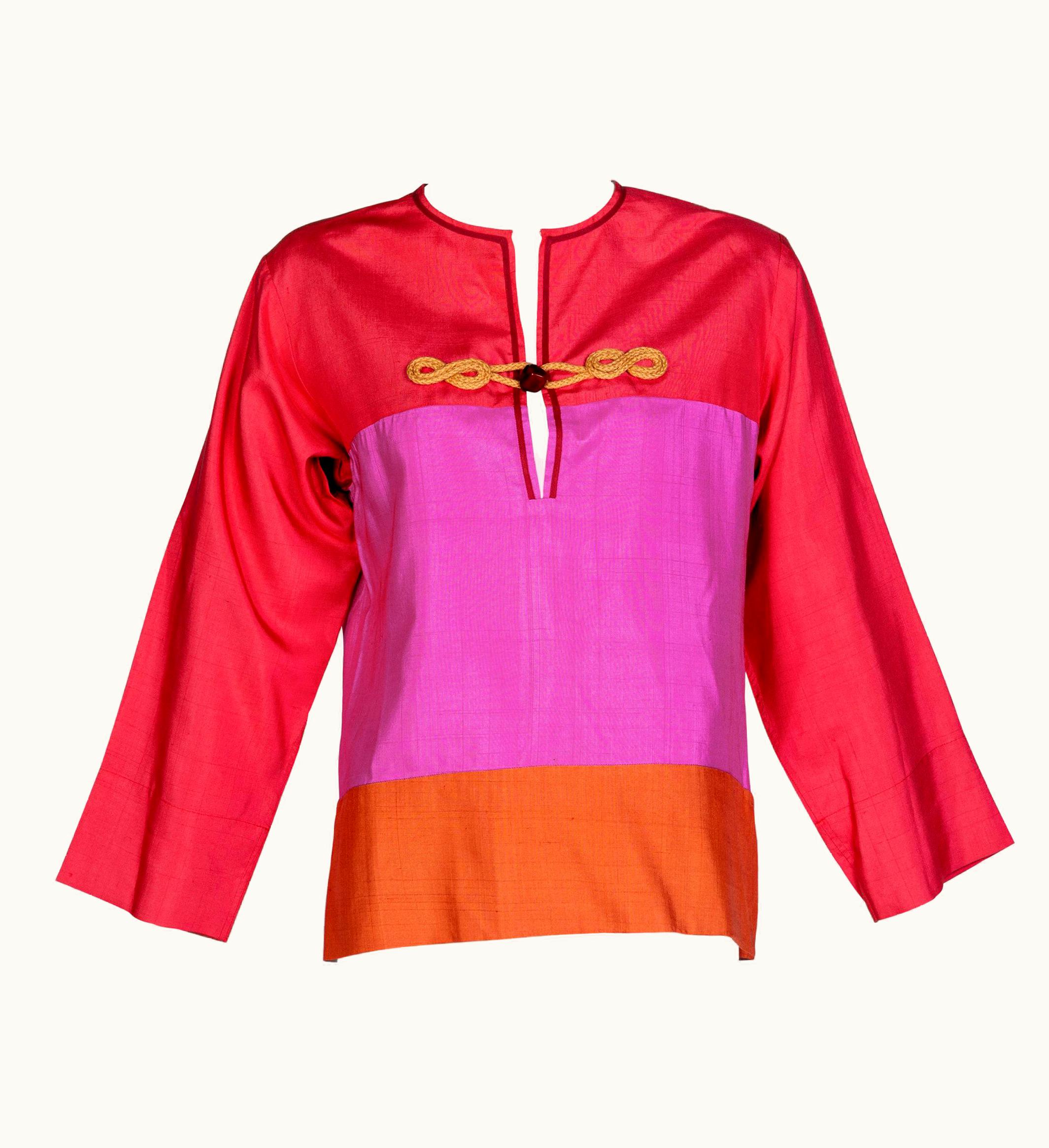 Saint Laurent Yves Saint Laurent Pink Red Orange Color Block Silk Tunic Top YSL, 1990s
