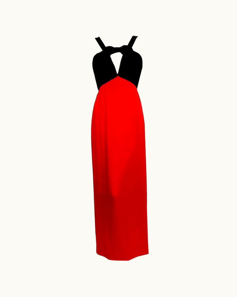 Saint Laurent 1994 Yves Saint Laurent Documented Red Silk & Black Velvet Cut-Out Plunge Gown