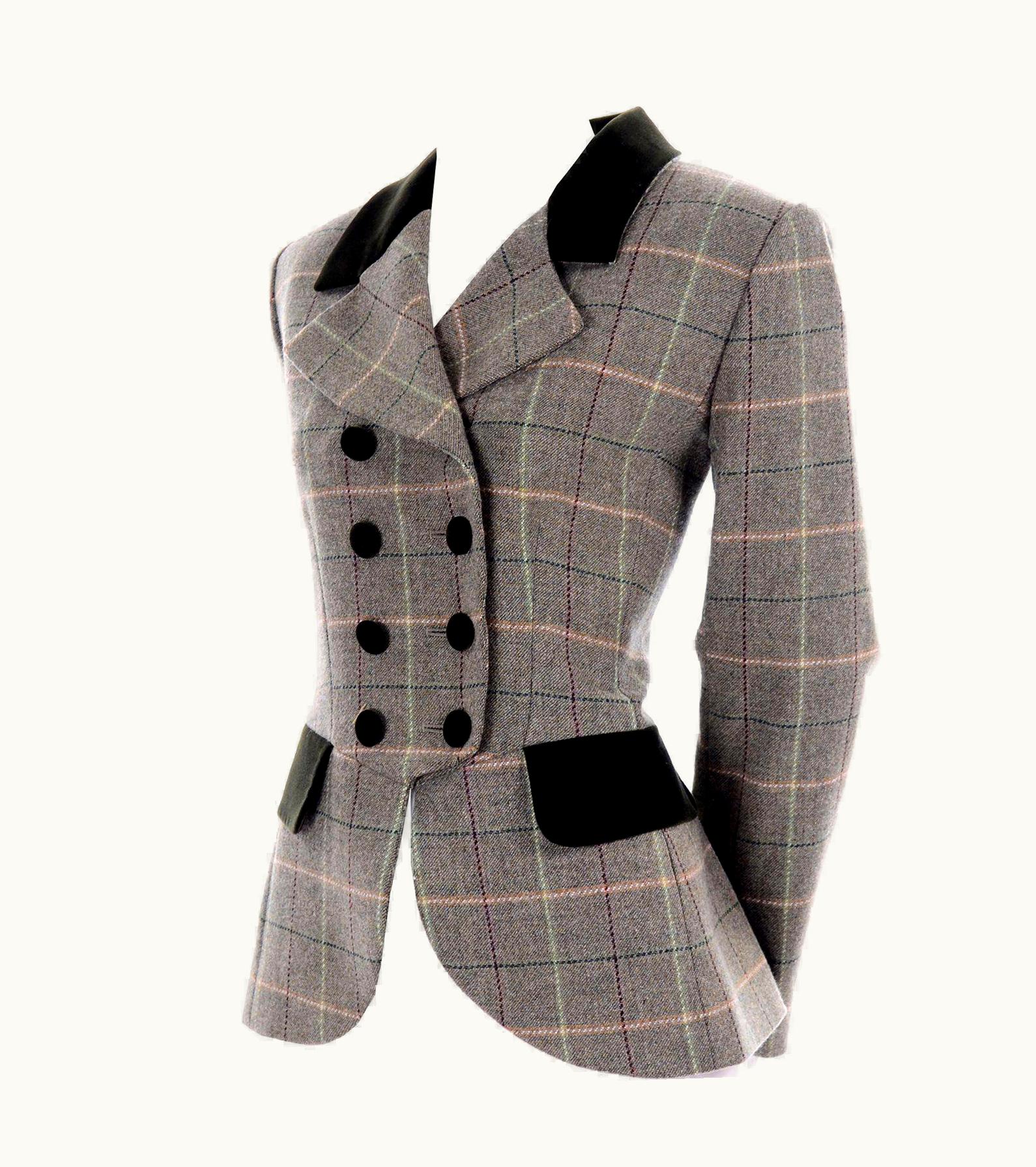 Saint Laurent 1995 Yves Saint Laurent Vintage Jacket In Cashmere Wool Green Plaid & Velvet