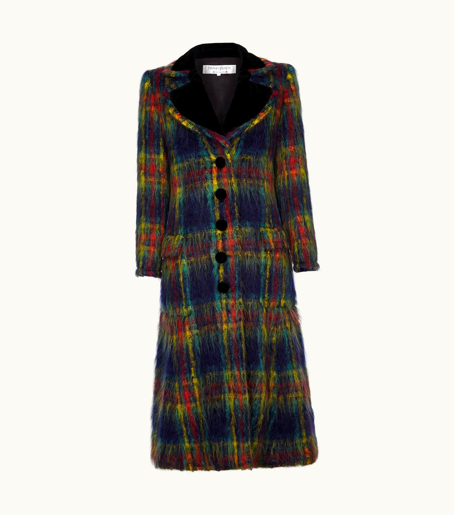 Saint Laurent Yves Saint Laurent 1997 Rare Tartan Mohair Coat With Velvet Collar And Trim