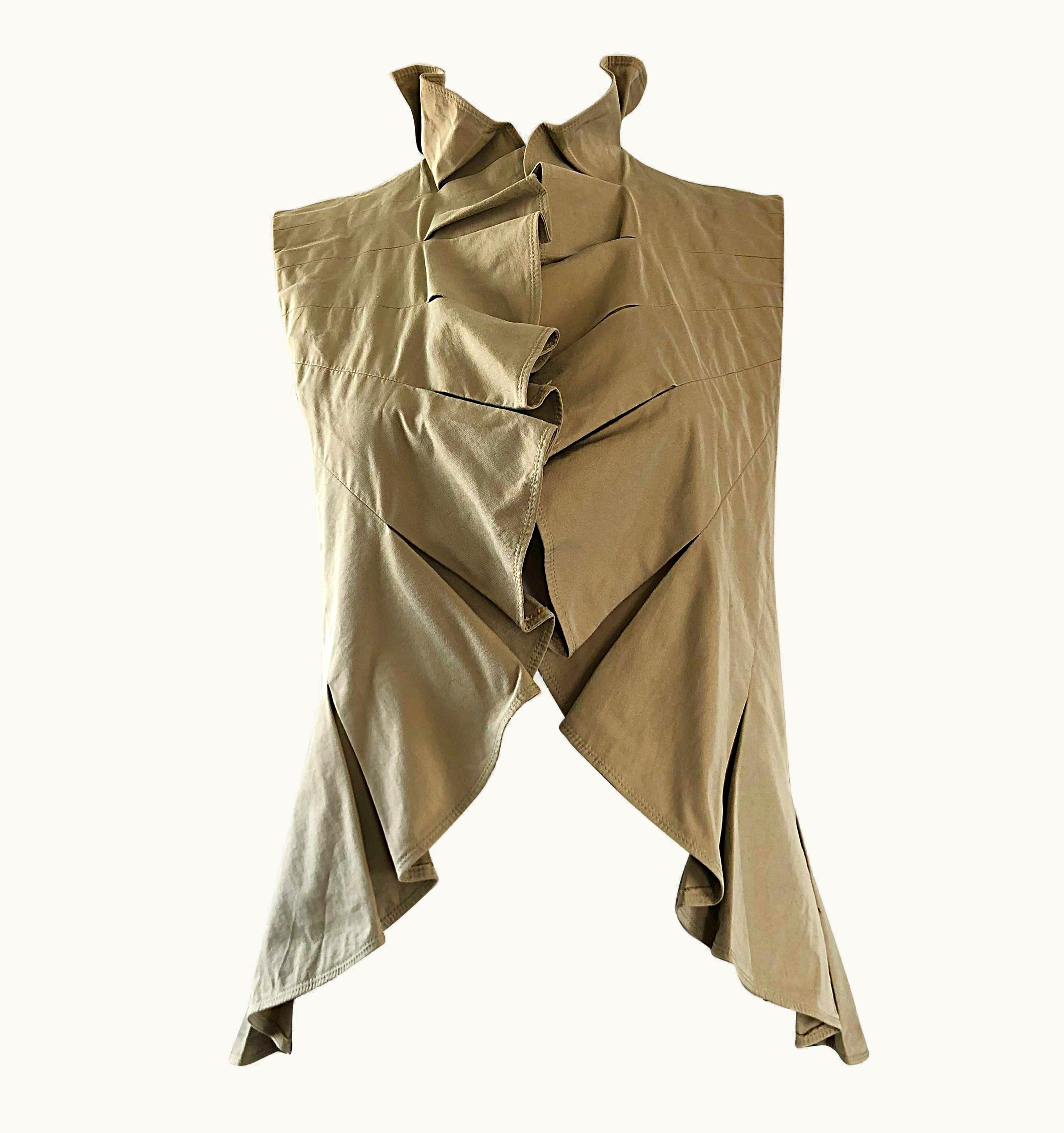 Saint Laurent Yves Saint Laurent S/S Khaki Tan YSL Cotton Safari Ruffle Vest Top