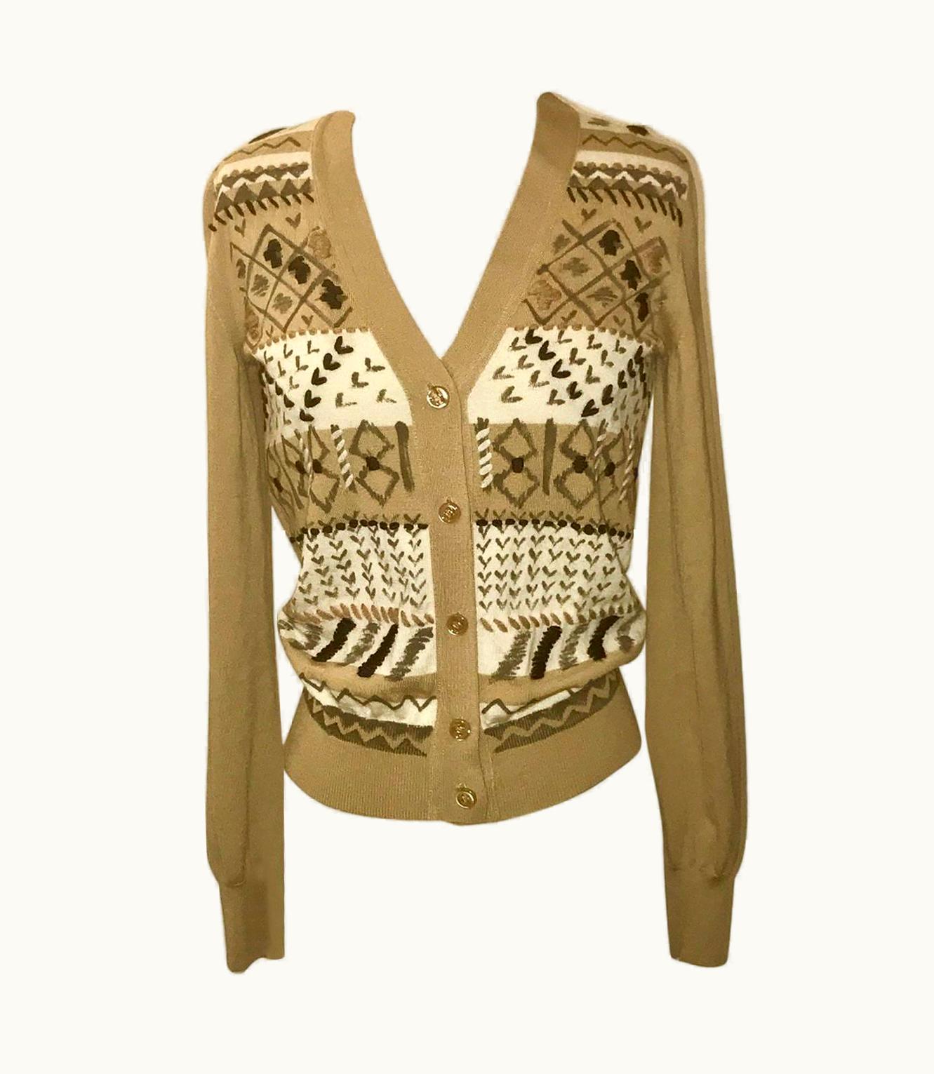 Saint Laurent Yves Saint Laurent Cashmere Camel Geometric Paint Print Cardigan Sweater