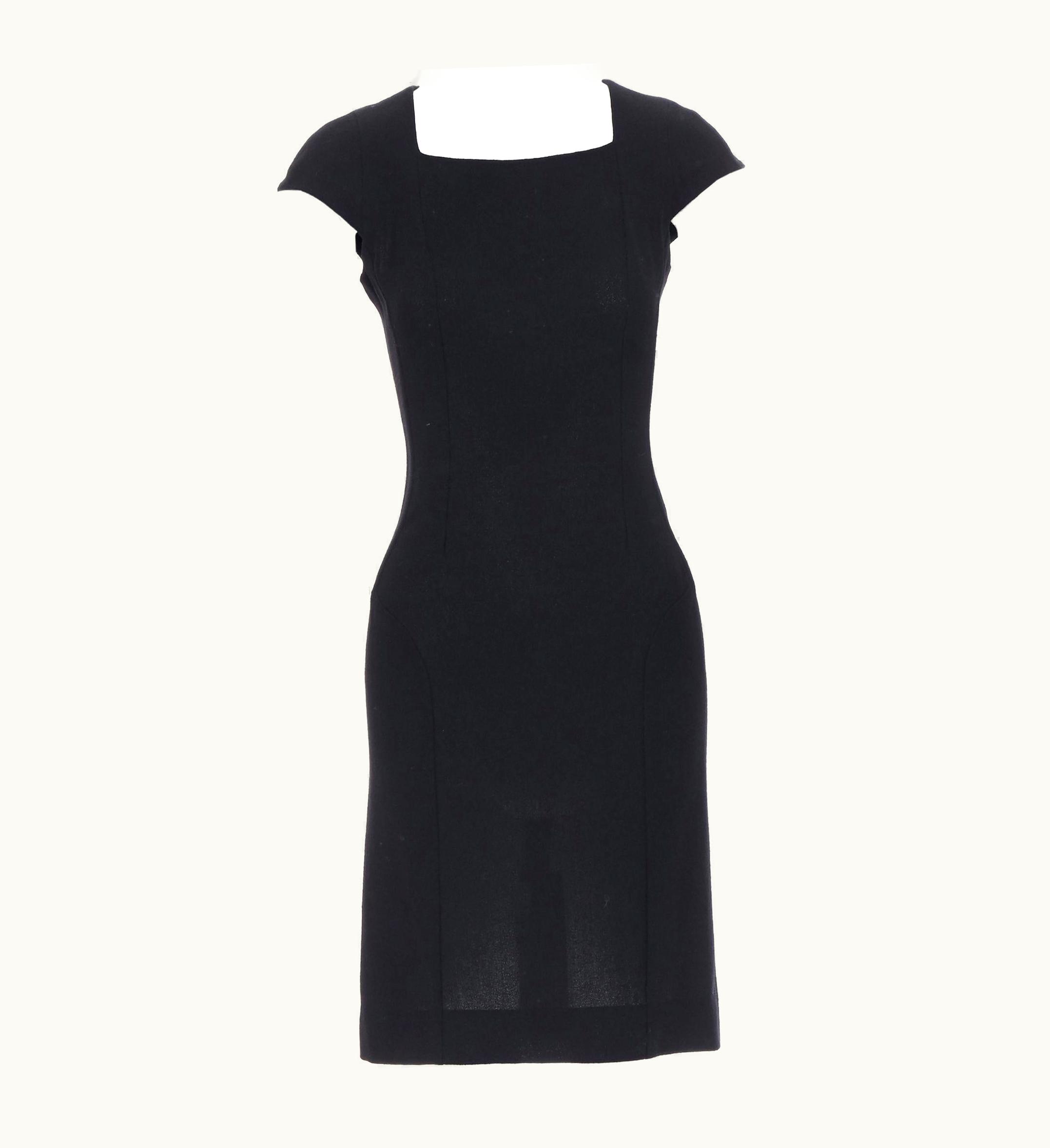 Saint Laurent Yves Saint Laurent 2009 Black Wool Square Neck Cap Sleeve Sheath Dress