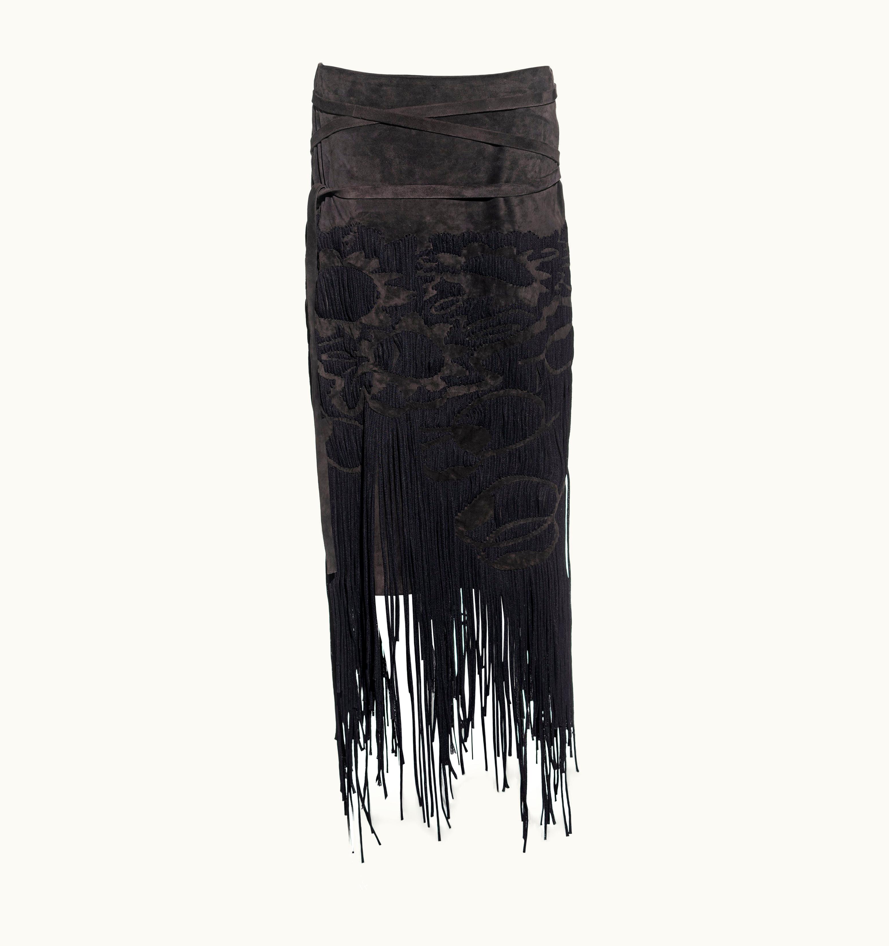 Saint Laurent Yves Saint Laurent By Tom Ford Brown Leather Woven Fringed Skirt, AW 2001
