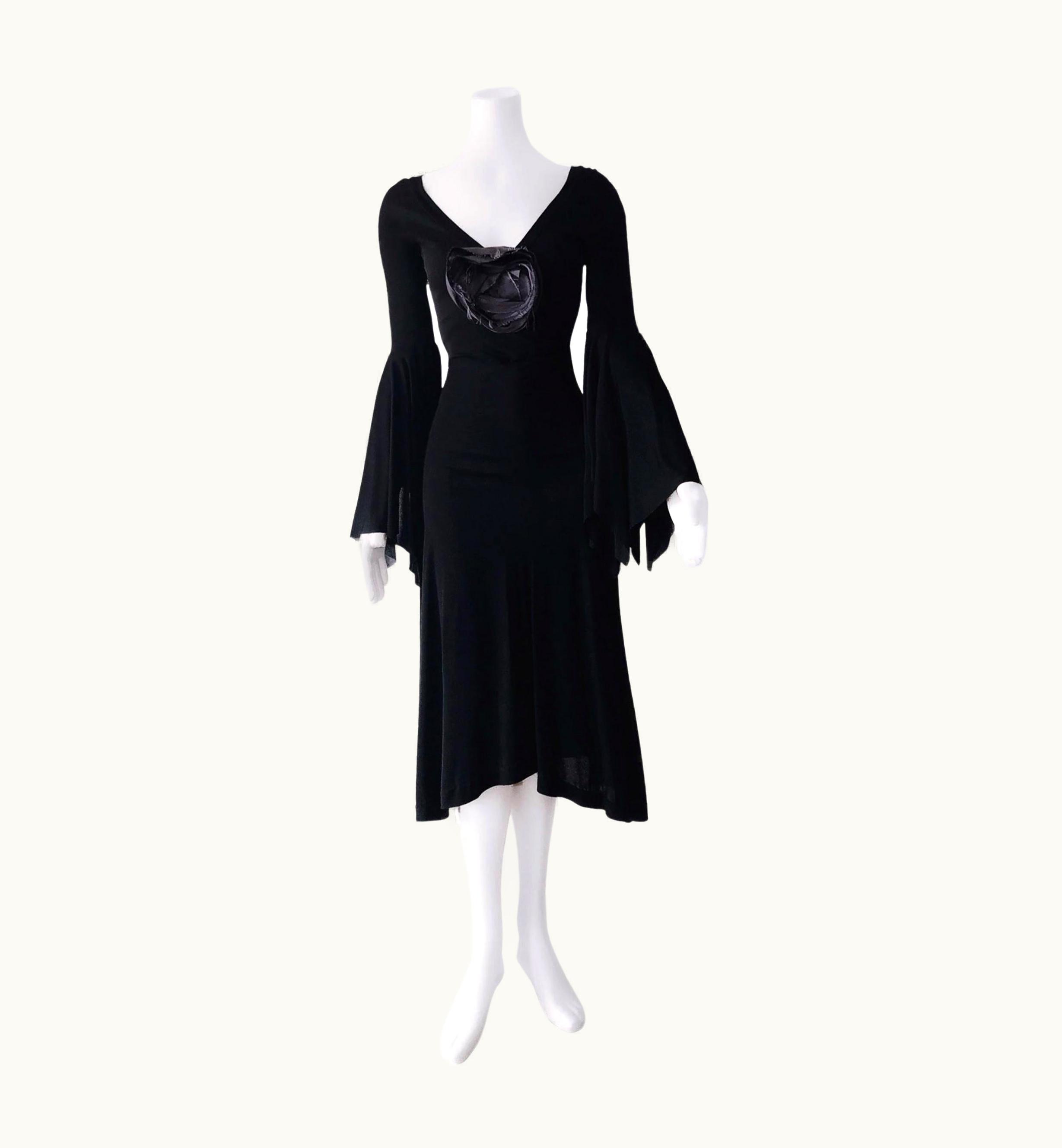 Saint Laurent Yves Saint Laurent Tom Ford Black Runway Dress Rose Flower Bat Bell Sleeves