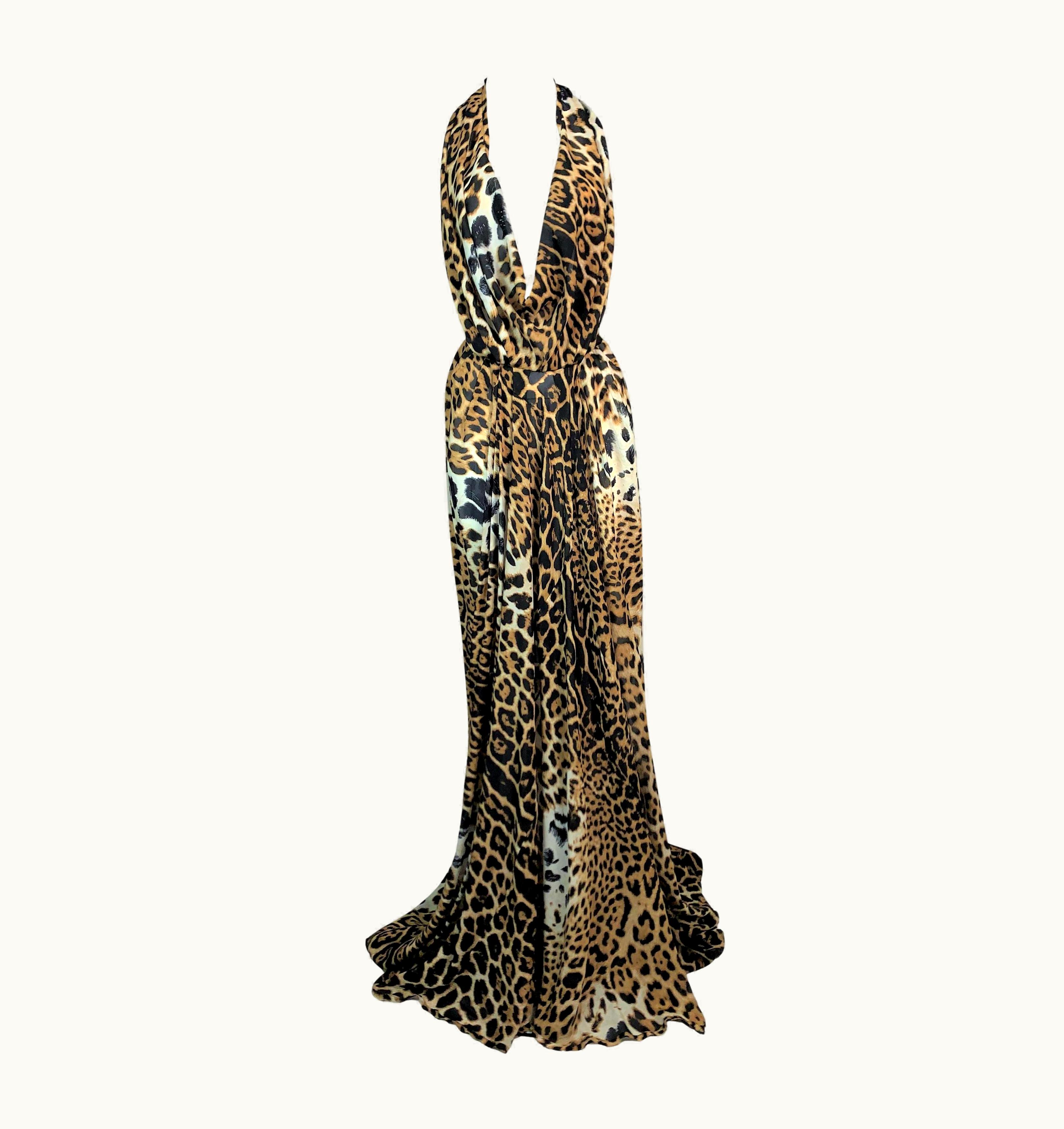 Saint Laurent S/S 2002 Yves Saint Laurent Tom Ford Sheer Leopard Silk Plunging Gown Dress
