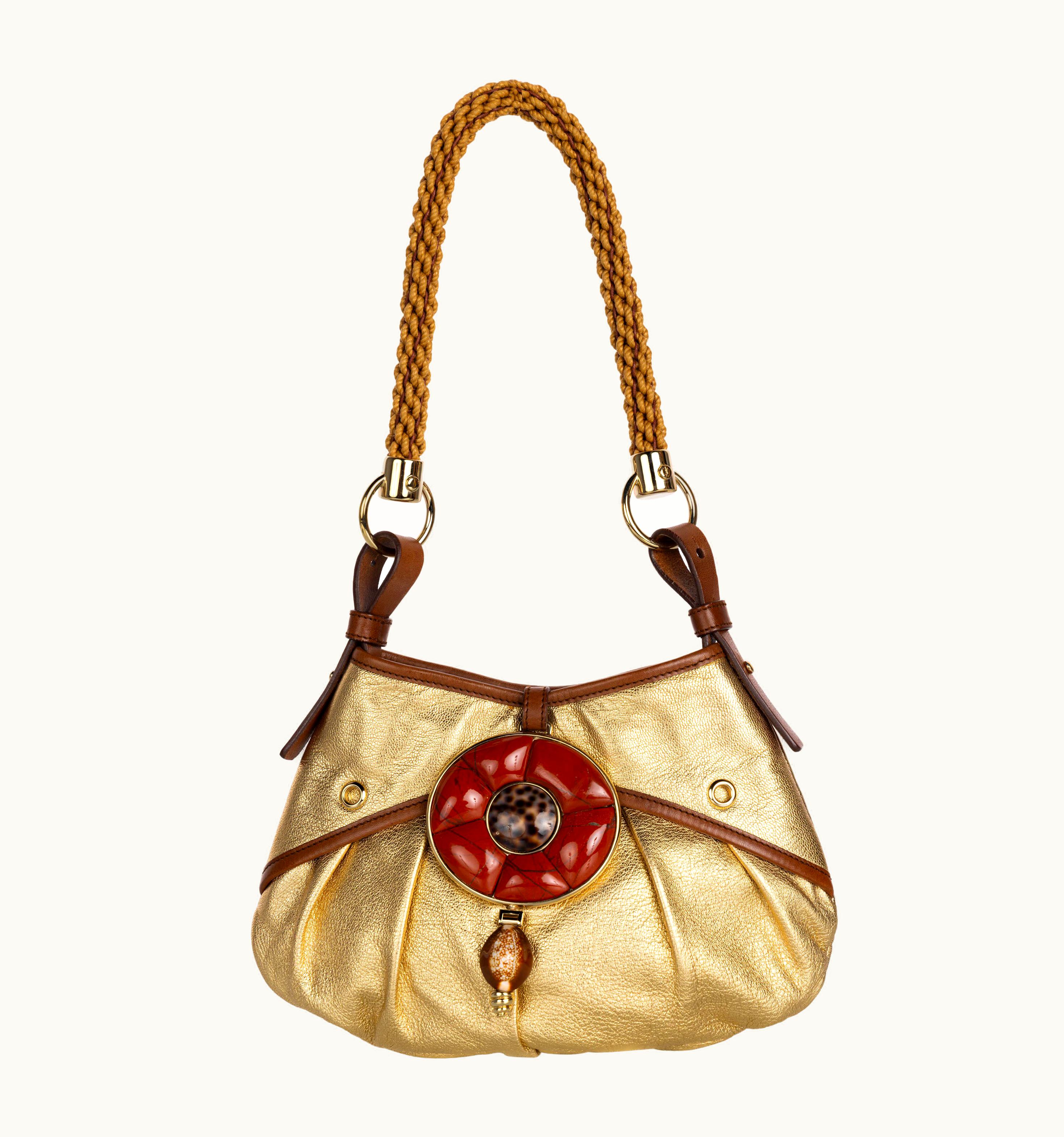 Saint Laurent Vintage Yves Saint Laurent Tom Ford Gold Leather Coral Shell Rope Shoulder Bag