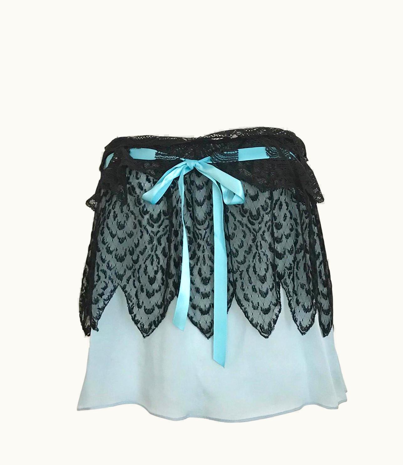 Saint Laurent Yves Saint Laurent Blue And Black Silk Lace Spaghetti Strap Blouse