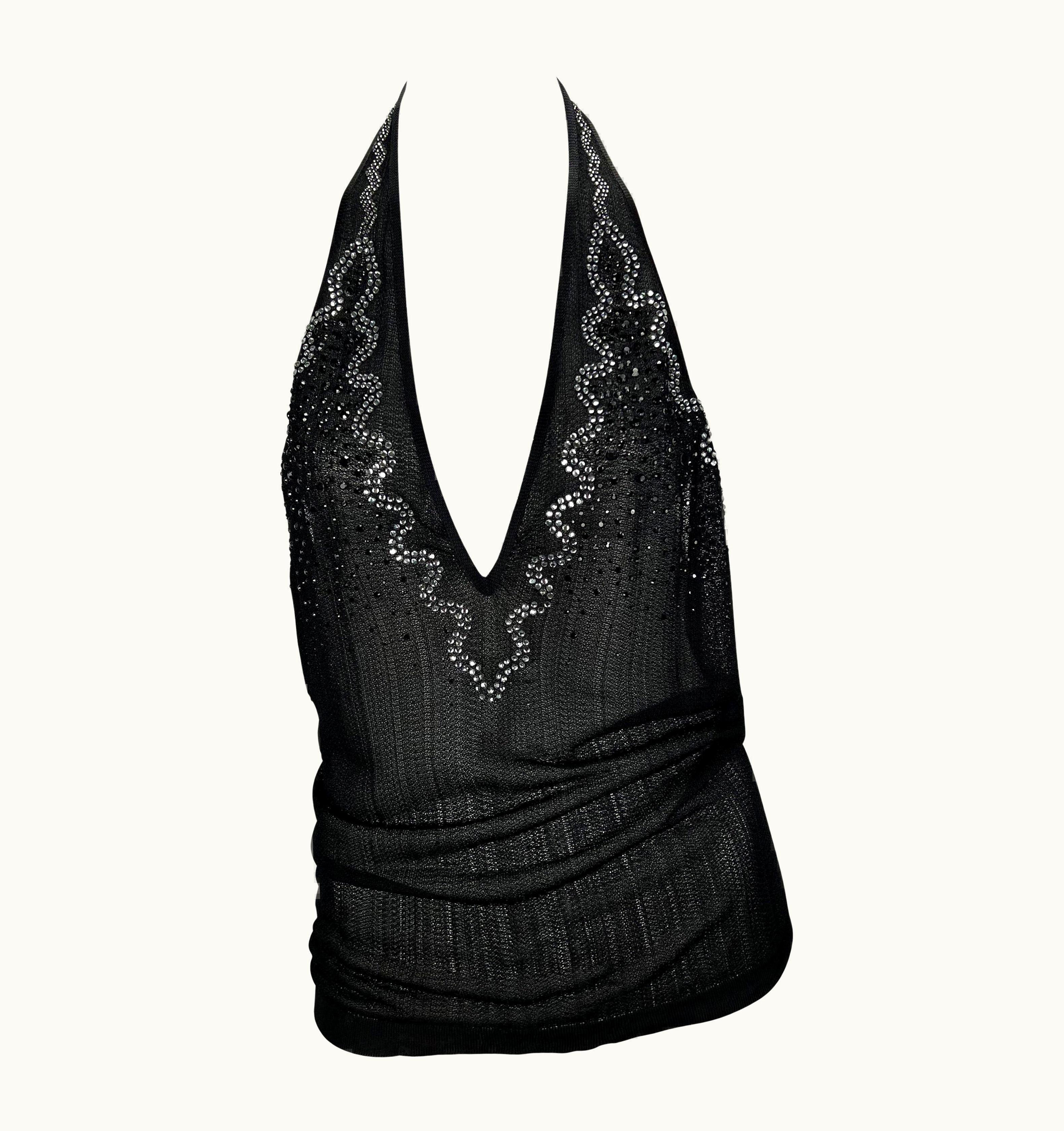 Saint Laurent S/S 2005 Yves Saint Laurent Rhinestone Sheer Knit Viscose Halter Top