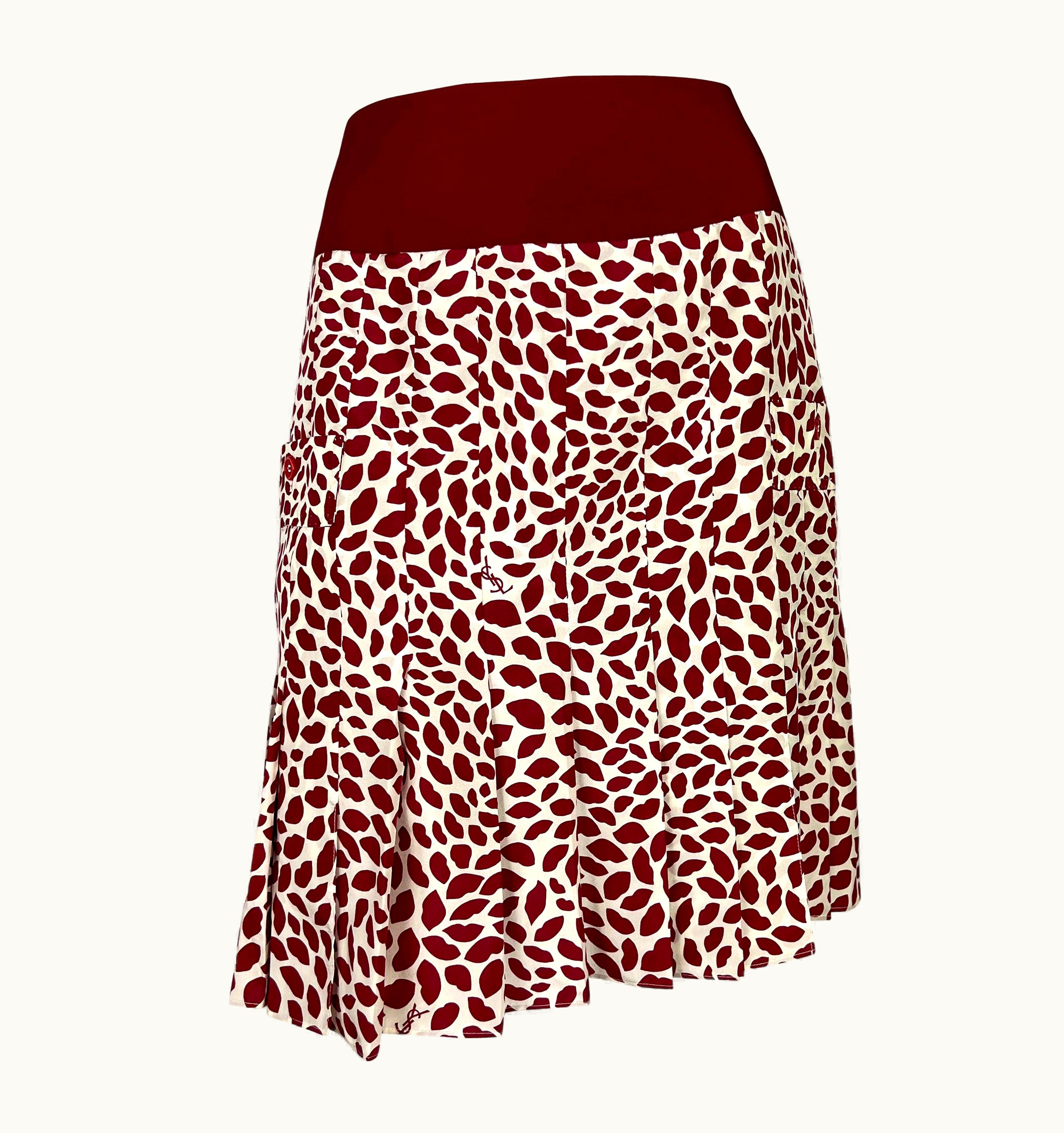 Saint Laurent Resort 2005 Yves Saint Laurent Red Lip Print Monogram White Pleated Skirt