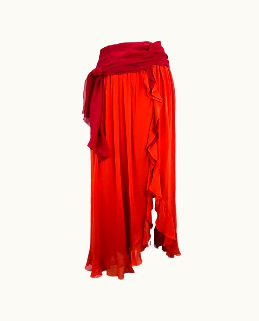 Saint Laurent 2004 Yves Saint Laurent By Tom Ford Red Orange Silk Ruffle Maxi Skirt