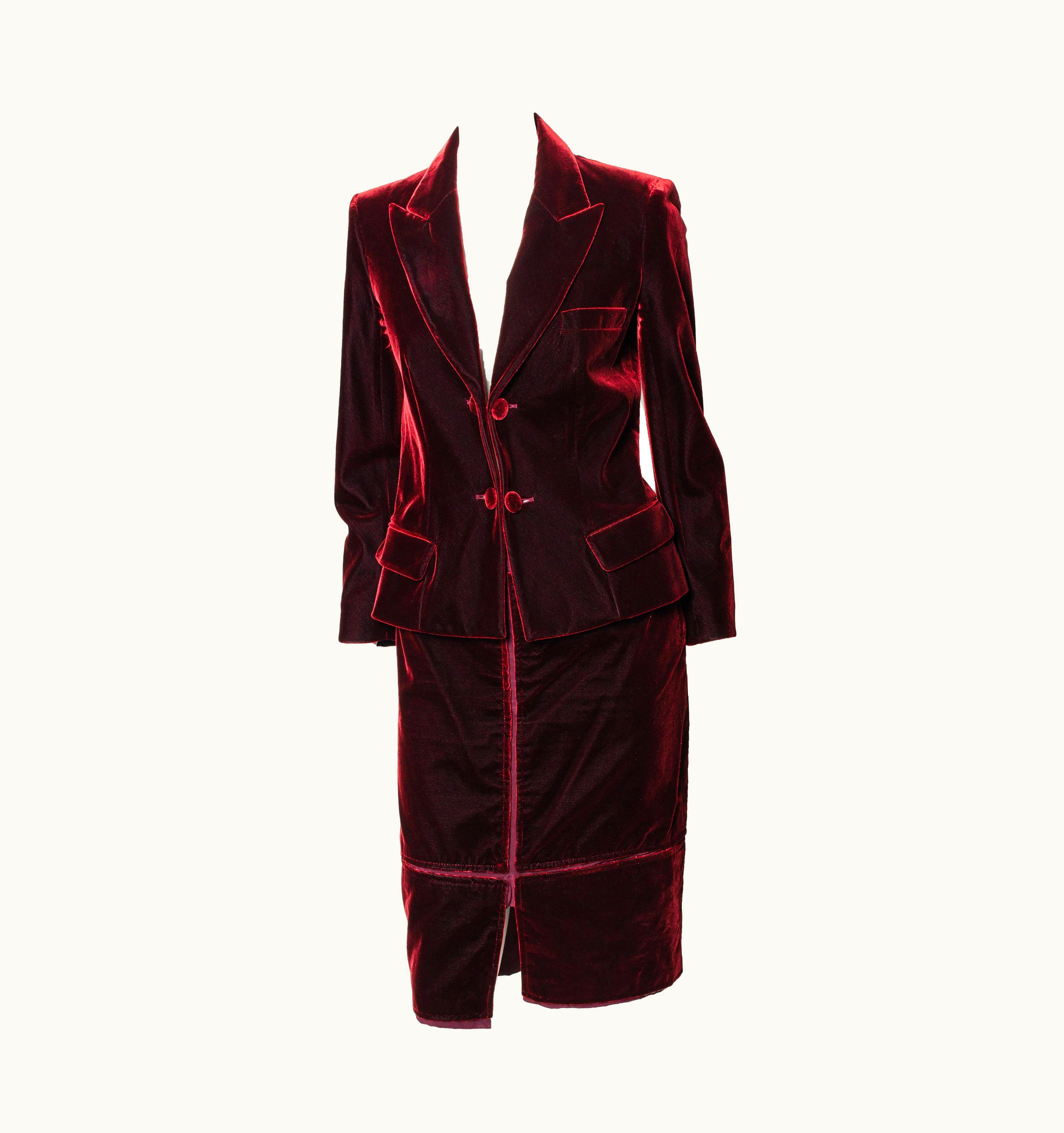 Saint Laurent AW 2002 Yves Saint Laurent By Tom Ford Red Velvet Skirt Suit