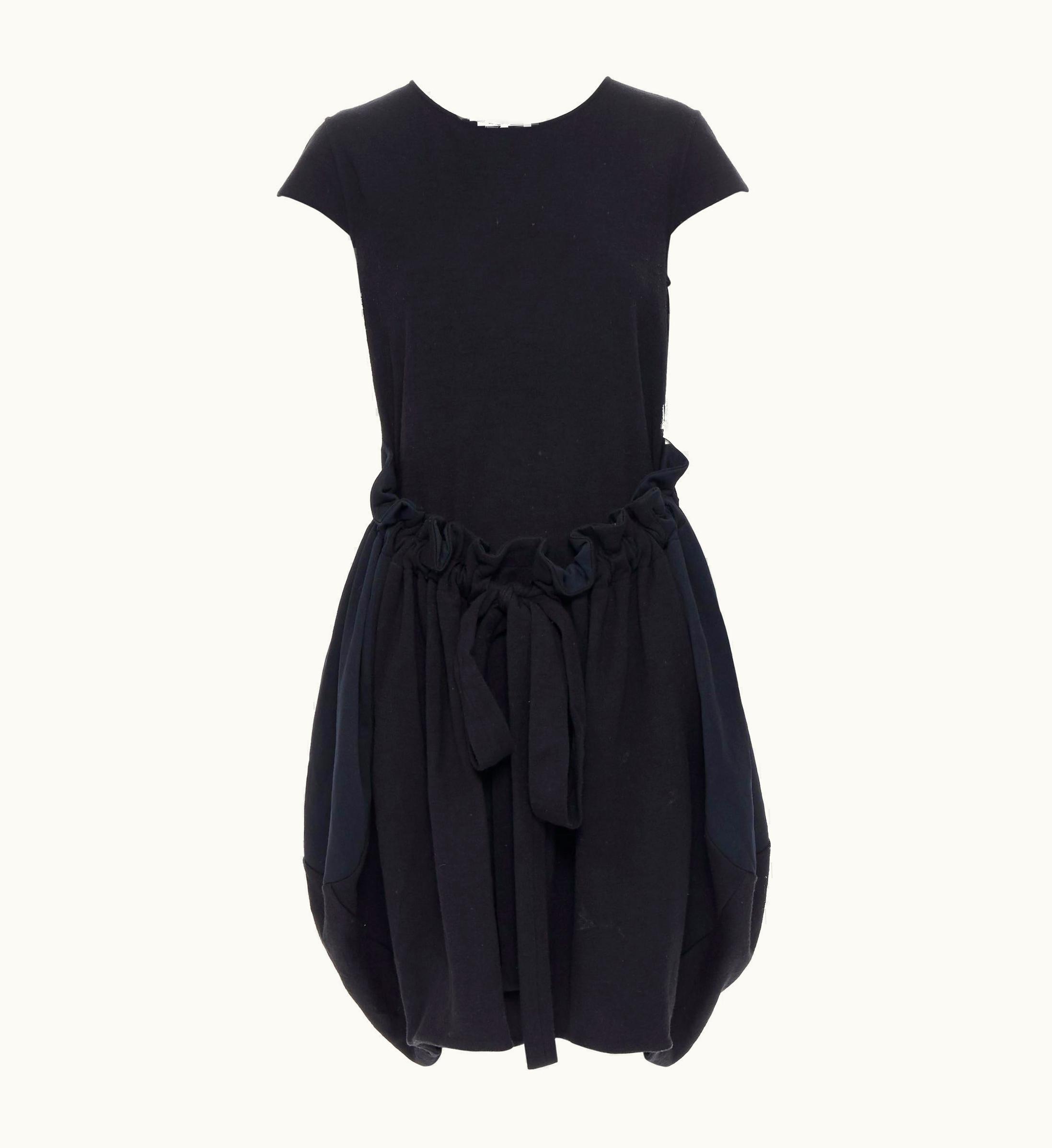 Saint Laurent Yves Saint Laurent AW09 Black Cap Sleeve Ruched Tie Front Bubble Hem Dress