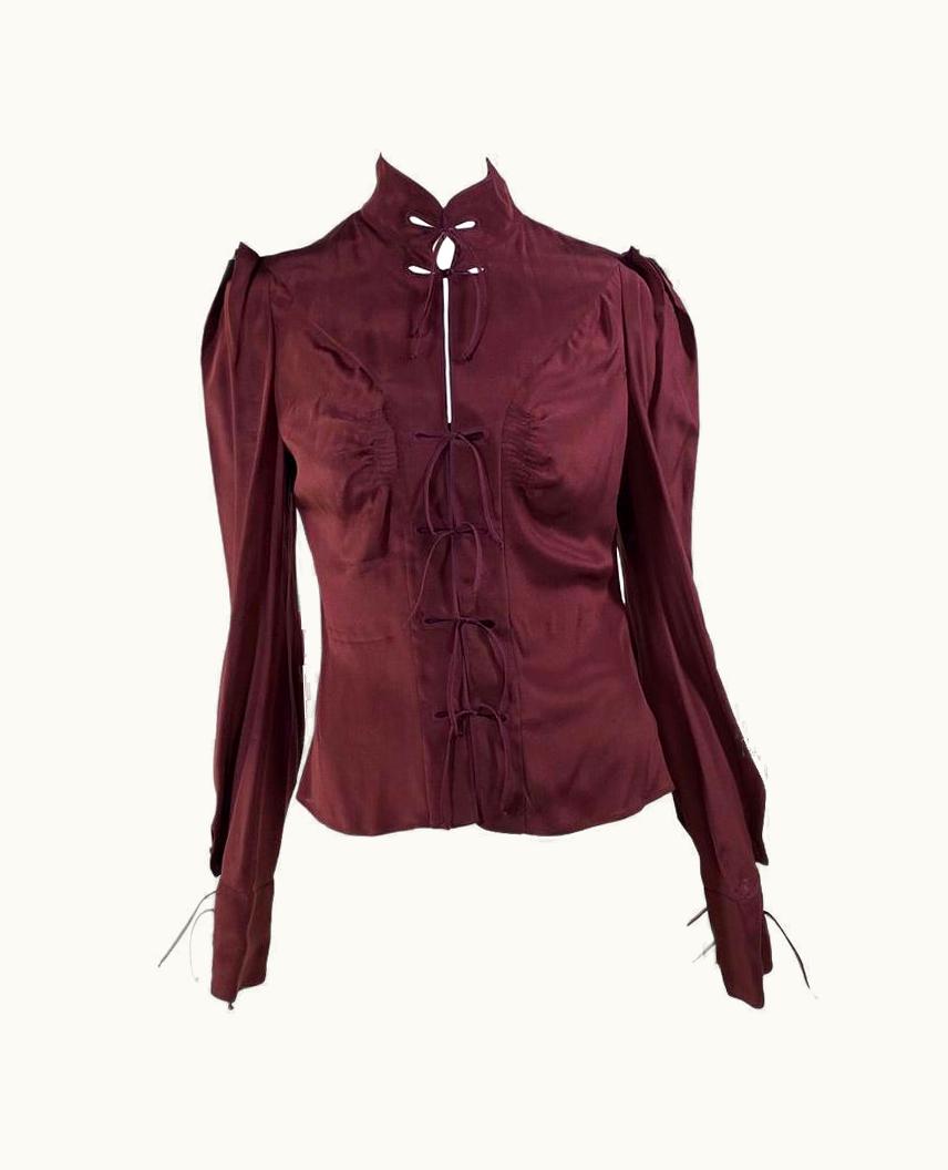 Saint Laurent AW 2004 Yves Saint Laurent By Tom Ford Chinoiserie Burgundy Silk Runway Blouse