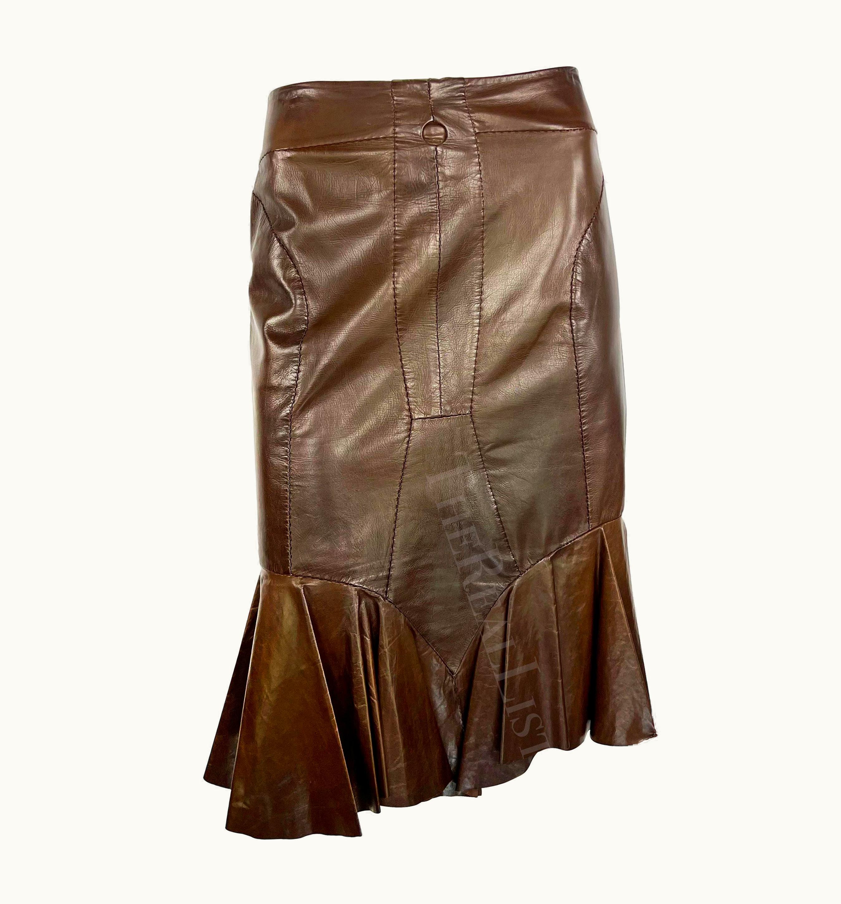 Saint Laurent S/S 2003 Yves Saint Laurent By Tom Ford Anatomic Brown Leather Ruffle Skirt