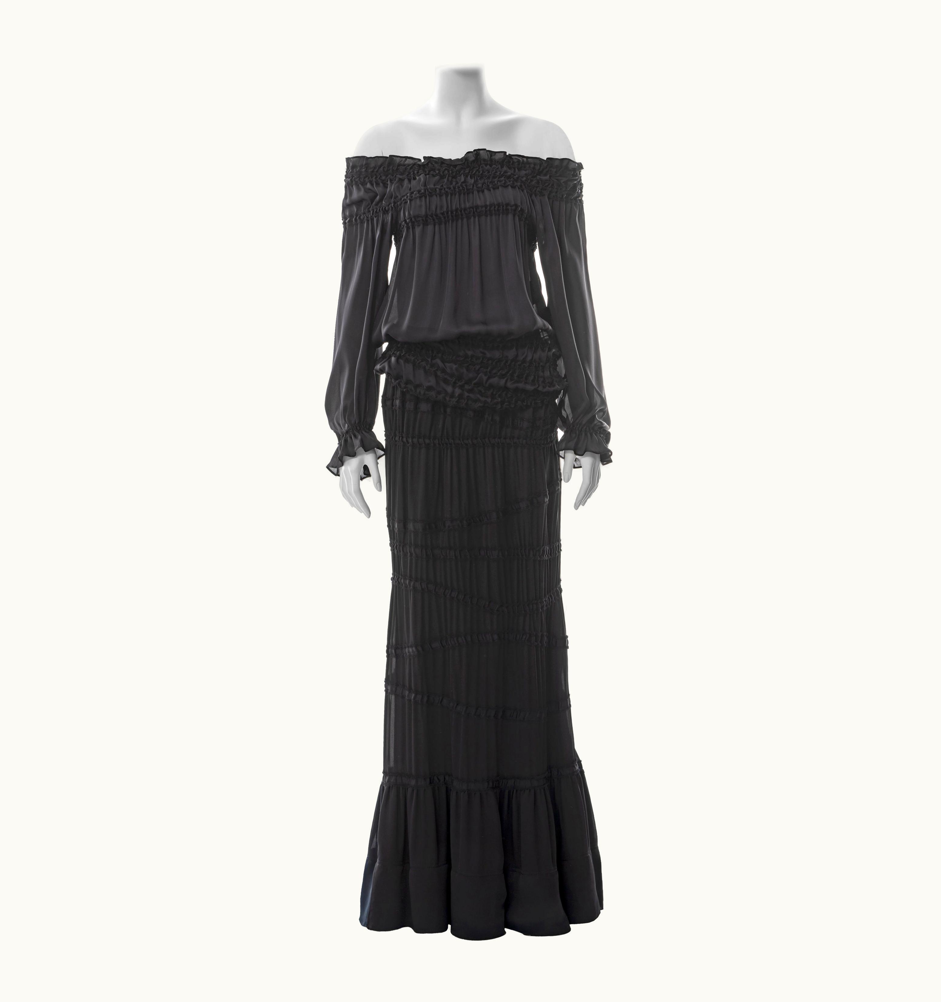 Saint Laurent Yves Saint Laurent Black Silk Off-shoulder Blouse And Maxi Skirt Set, AW 2001