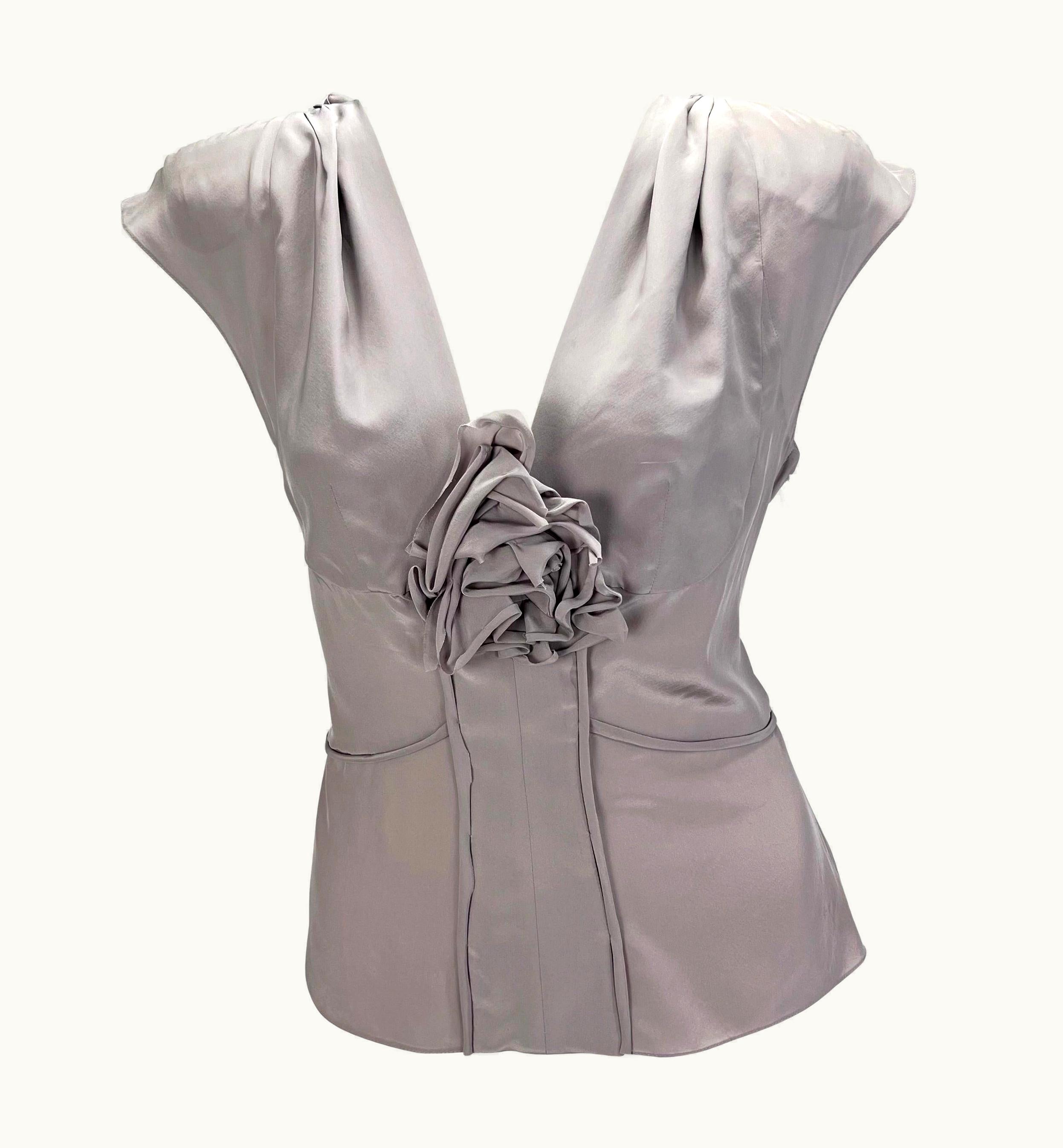 Saint Laurent S/S 2003 Yves Saint Laurent By Tom Ford Periwinkle Silk Floral Appliqué Blouse UZ0586088