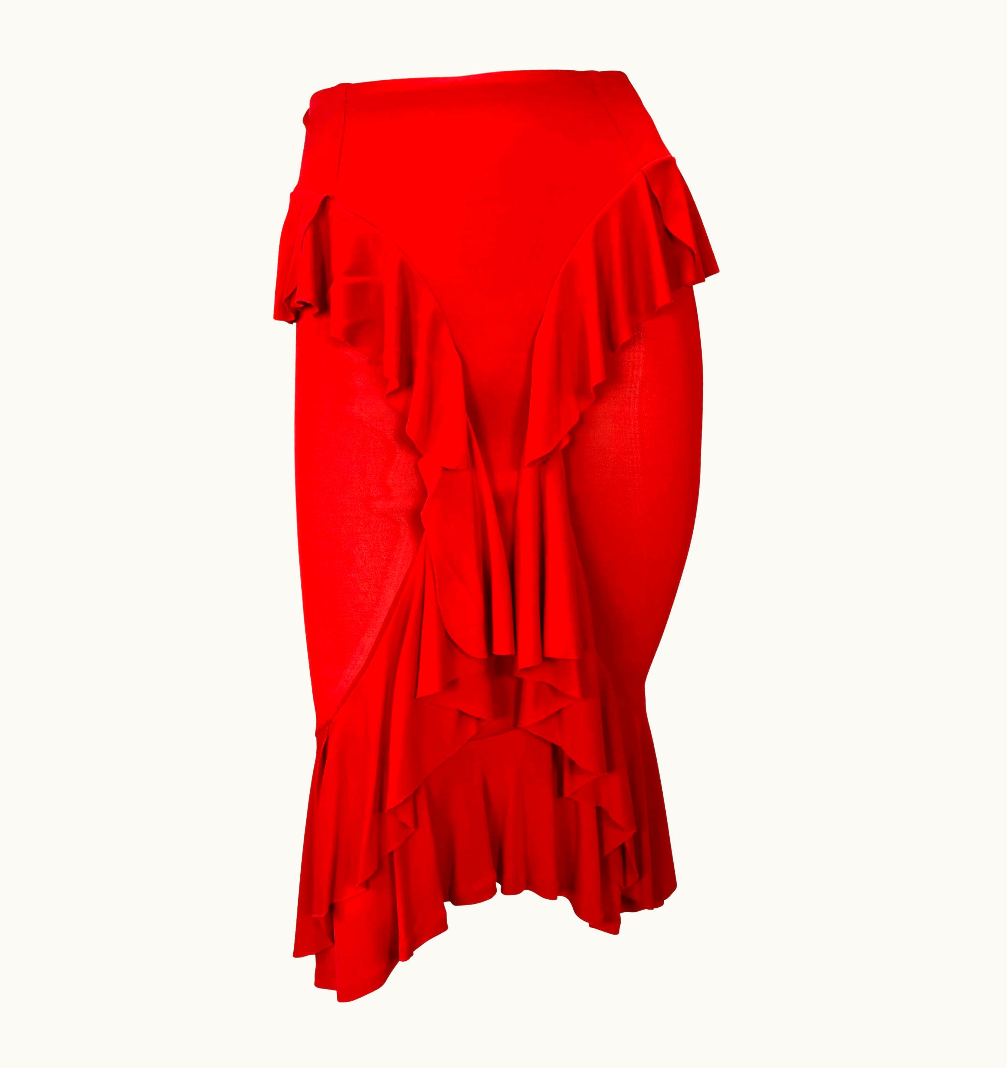 Saint Laurent AW 2003 Yves Saint Laurent By Tom Ford Red Stretch Sheer Ruffle Skirt