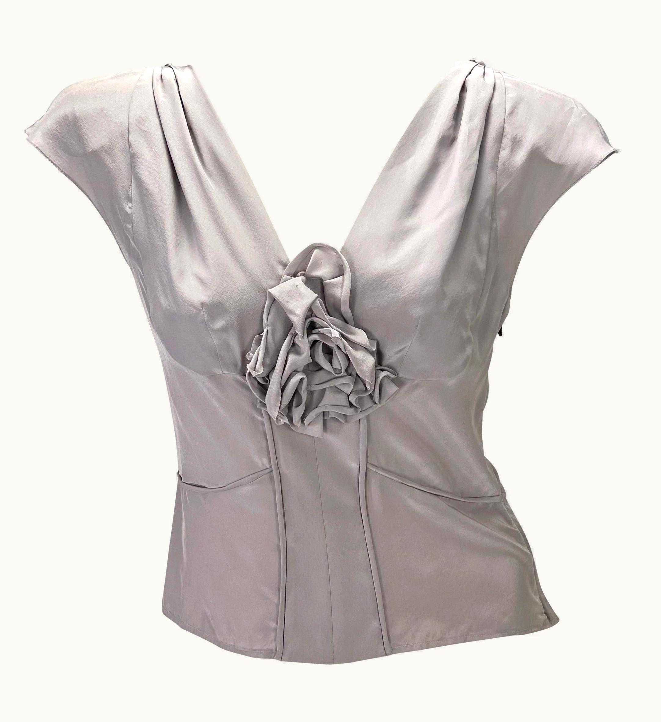 Saint Laurent S/S 2003 Yves Saint Laurent By Tom Ford Periwinkle Silk Floral Appliqué Blouse UZ0586092