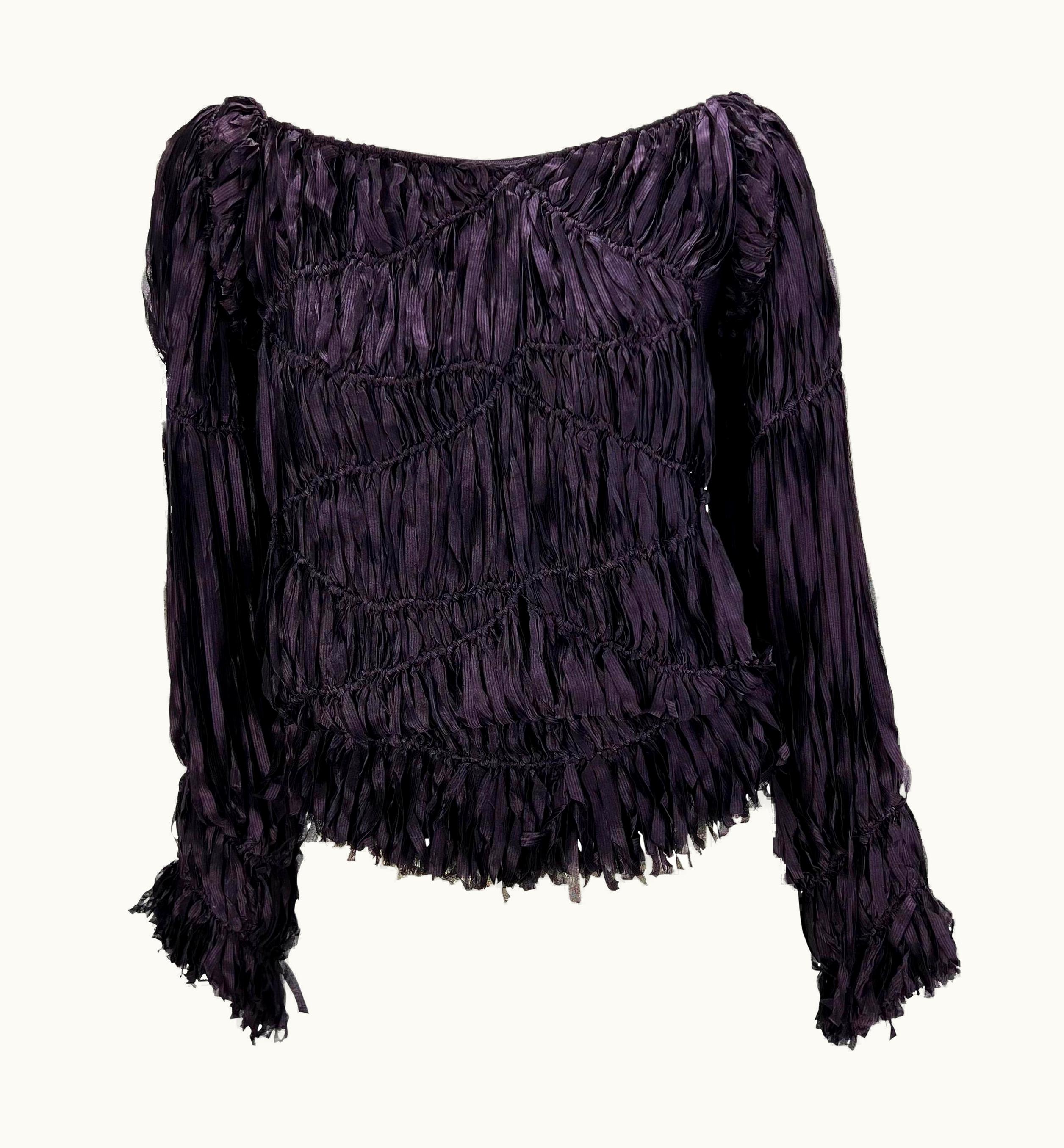 Saint Laurent AW 2001 Yves Saint Laurent By Tom Ford Runway Purple Ribbon Sheer Blouse