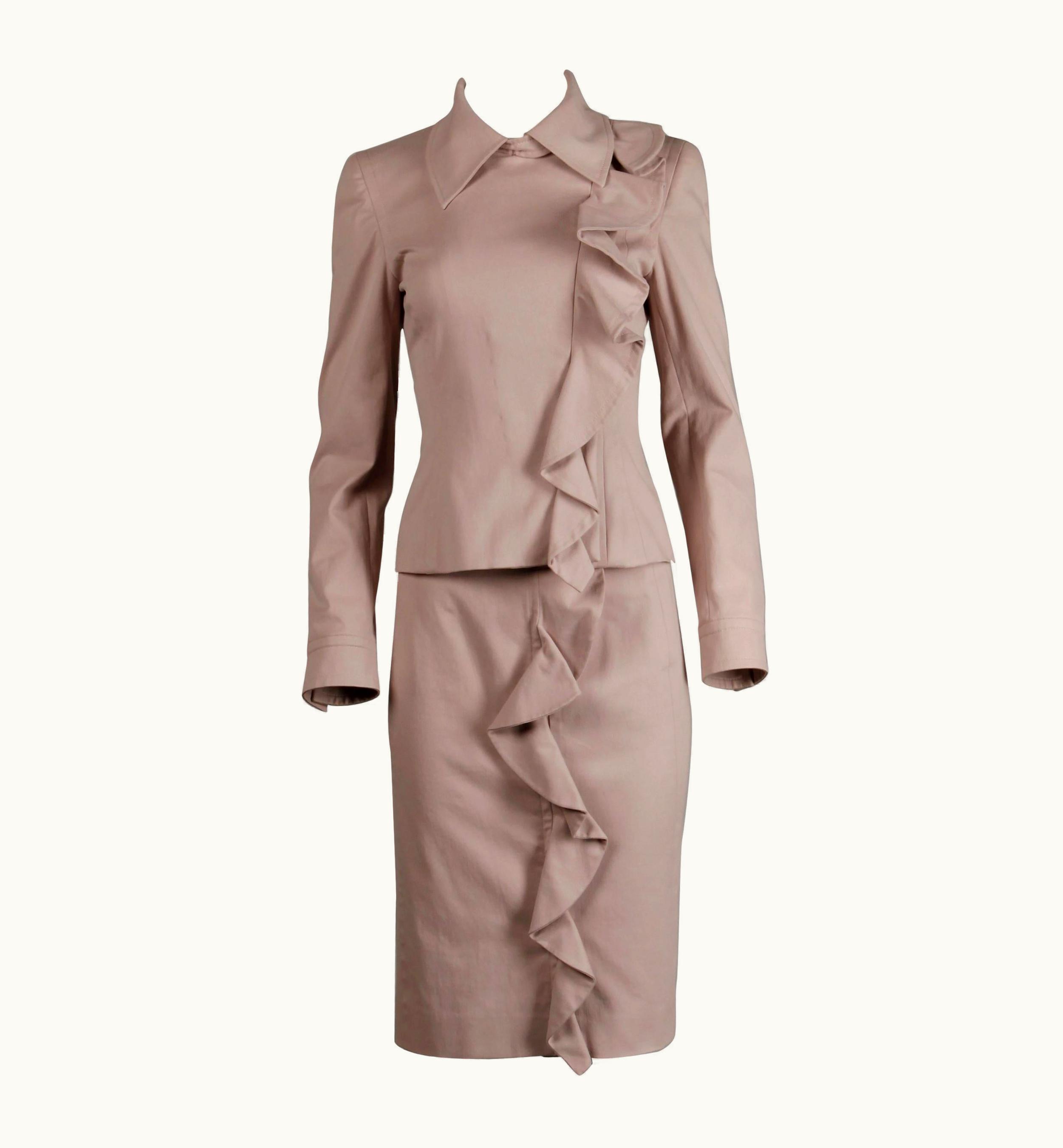 Saint Laurent 2003 Yves Saint Laurent By Tom Ford Pink Ruffle Jacket + Skirt Suit Ensemble YSL
