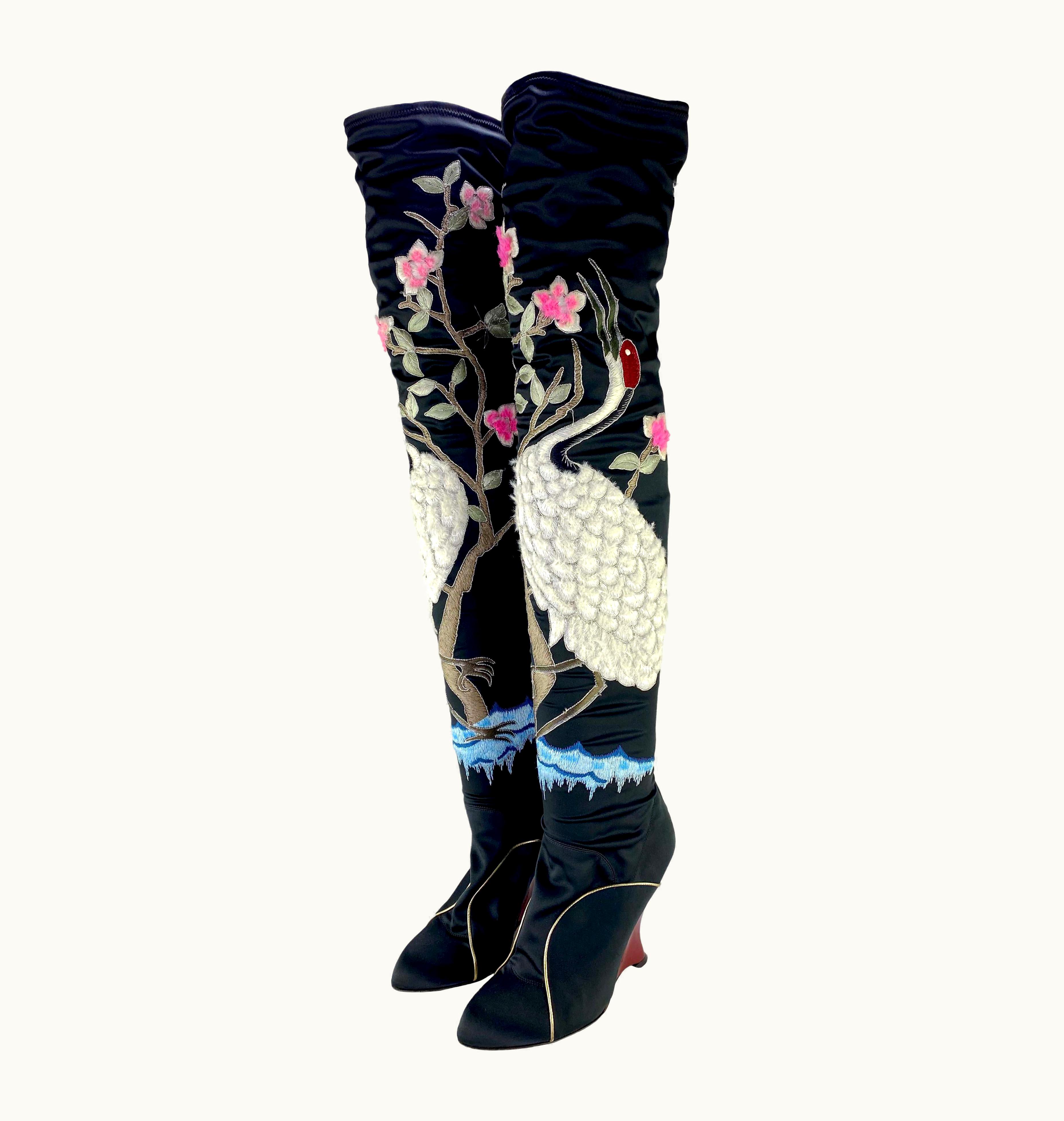 Saint Laurent AW 2004 Yves Saint Laurent By Tom Ford Chinoiserie Ostrich Feather Wedge Boots