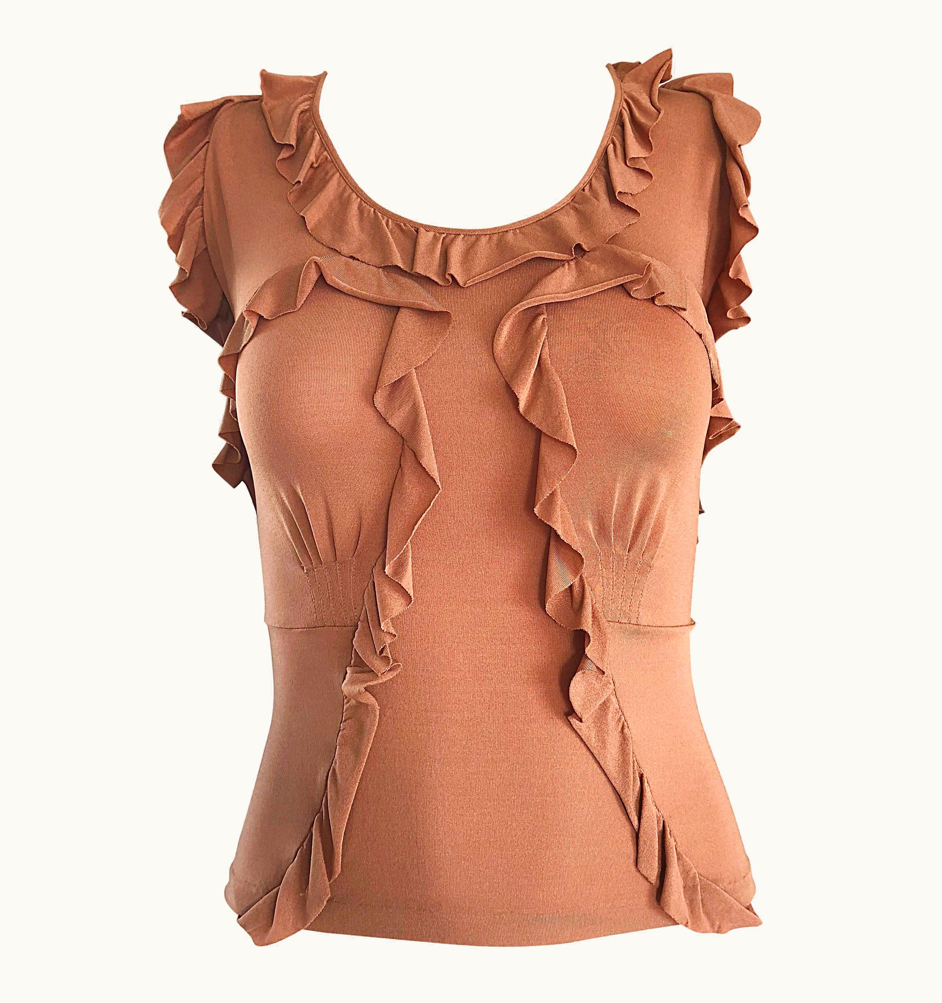Saint Laurent Tom Ford For Yves Saint Laurent Terra Cotta Tan Jersey Ruffle Sleeveless Blouse