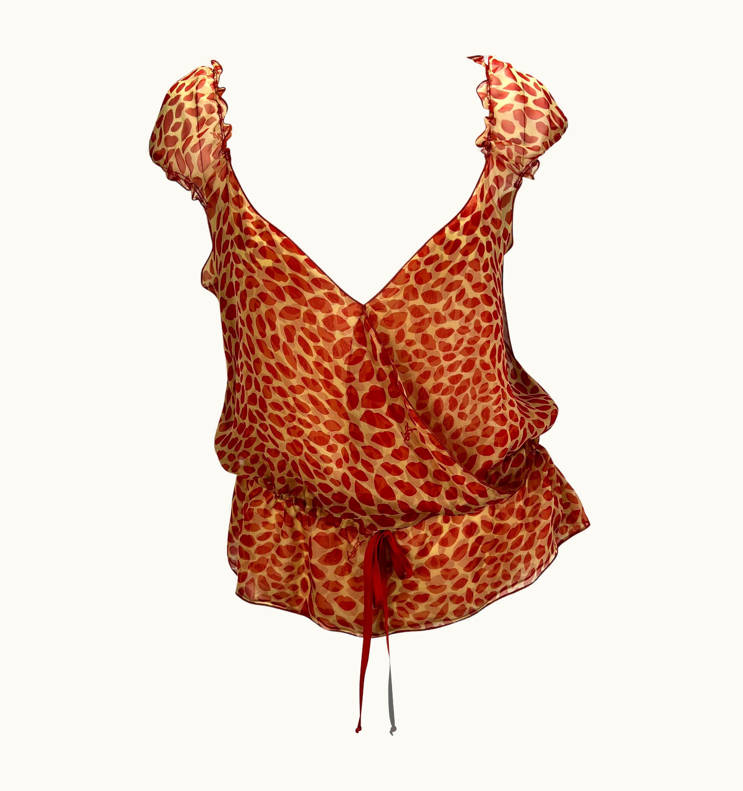 Saint Laurent Resort 2005 Yves Saint Laurent Red Lip Print Logo Sheer Chiffon Top
