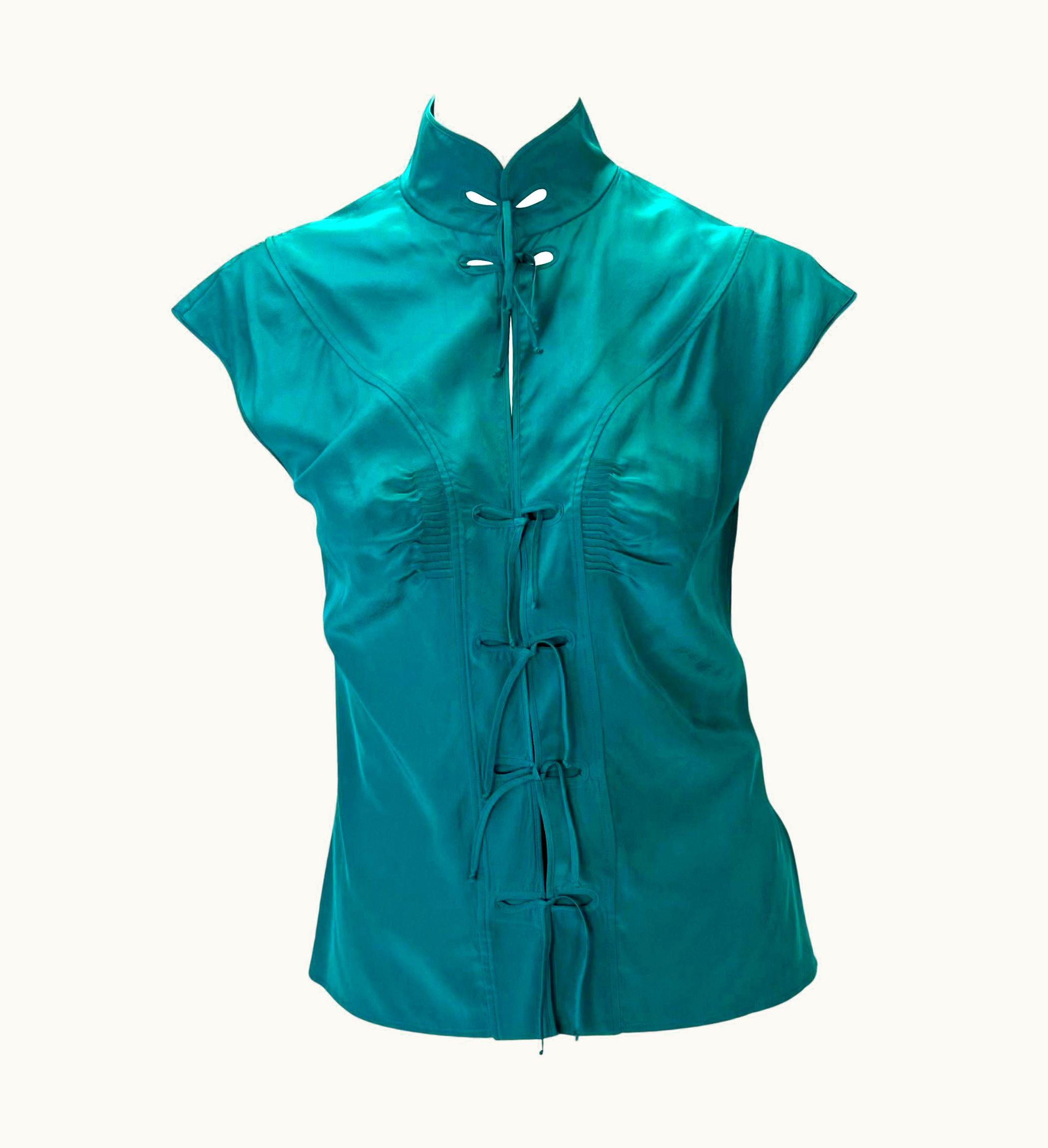 Saint Laurent AW 2004 Yves Saint Laurent By Tom Ford Teal Silk Tie Sleeveless Chinoiserie Top