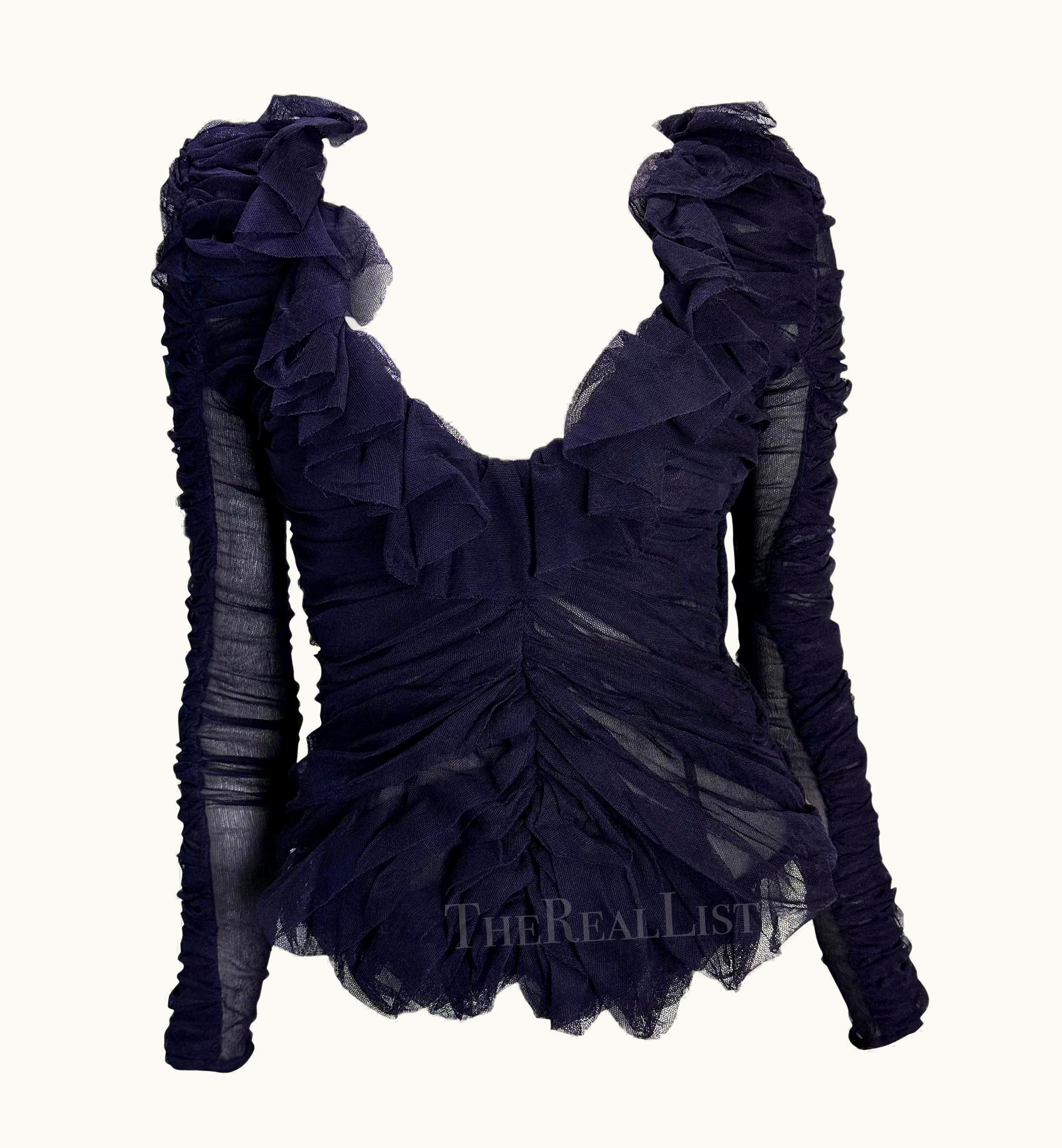Saint Laurent AW 2001 Yves Saint Laurent By Tom Ford Ruched Purple Tulle Sheer Ruffle Blouse